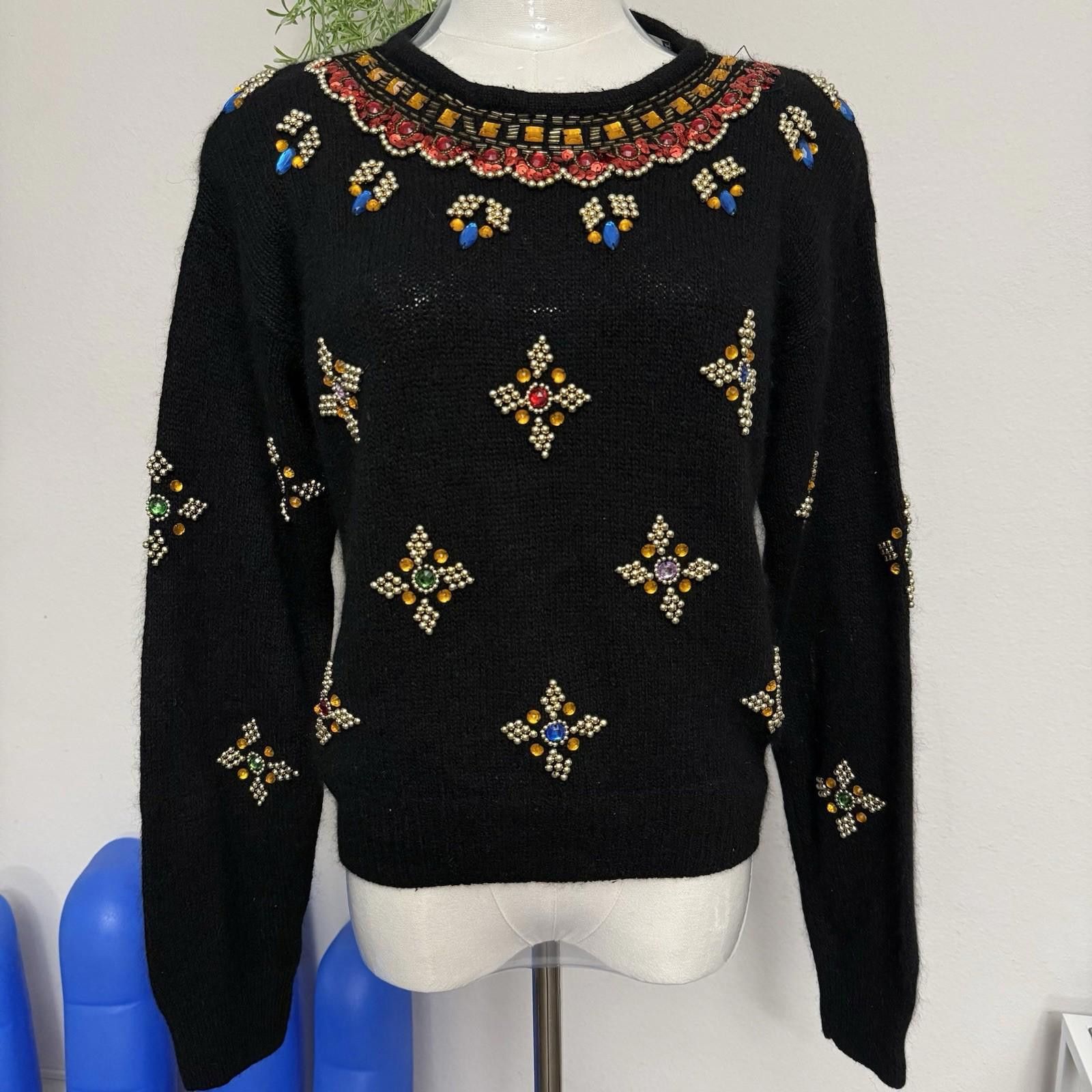 Designer Vintage 80s Diversity Beaded Silk Sweater Size L / US 10 / IT 46 - 1 Thumbnail