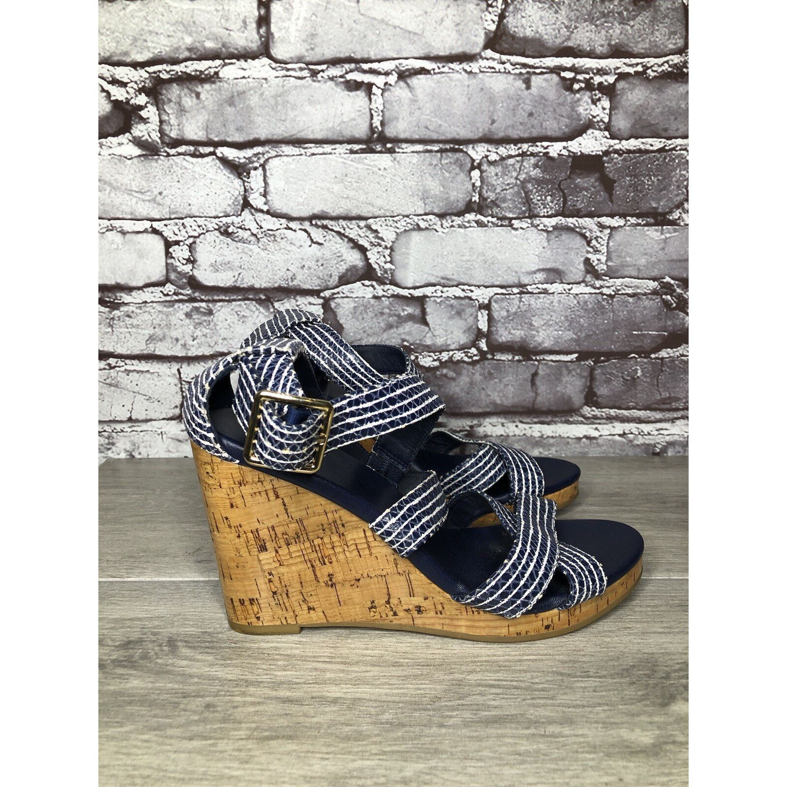 Cole Haan Cole Haan Grand OS Blue White Stripe Leather Cork Wedge Sand Size US 7.5 / IT 37.5 - 1 Thumbnail
