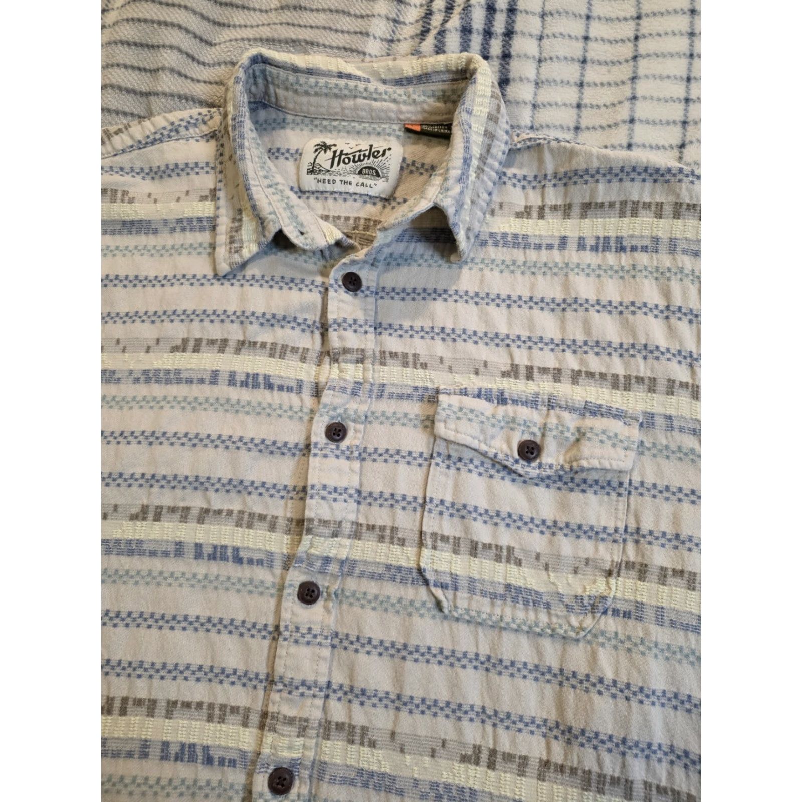 Howler Brothers Howler Brothers Shirt Mens Large Beige Cotton Mescal Jacquard Oyster Short Sleeve Button-Up Striped Collared Western Outdoor All Seasons Size US L / EU 52-54 / 3 - 2 Thumbnail