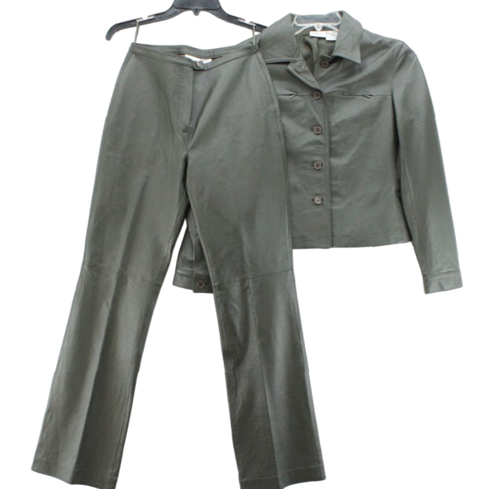 Vintage VINTAGE Newport News Leather 2 Piece Pant Suit Womens Sz 4 Gray Green Biker Business Size 27" / US 4 / IT 40 - 1 Thumbnail