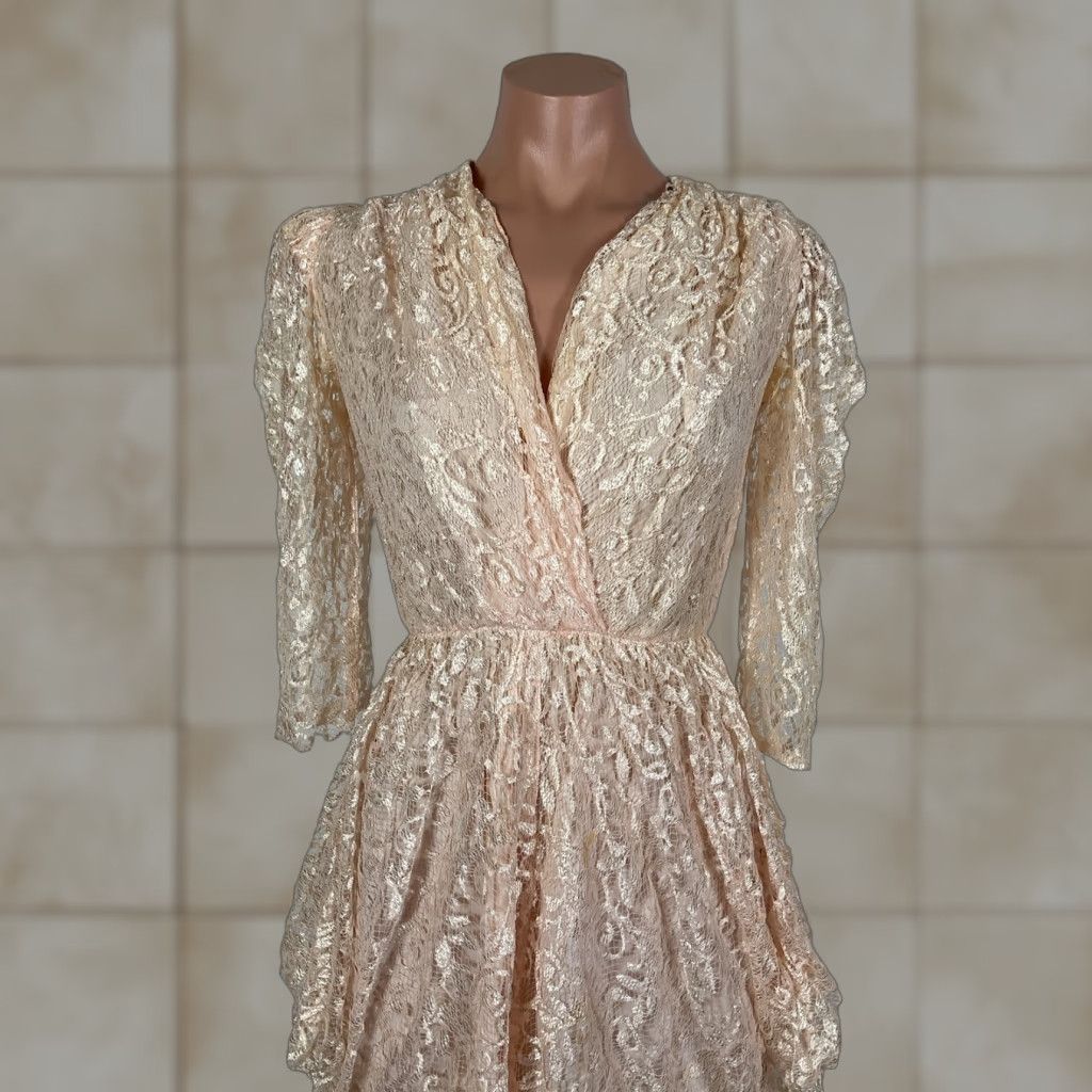 VINTAGE 80s Tulip Hem Peach Lace Dress Puffy Sleeve Mini Dress S/M Orange  Glenrob LTD
