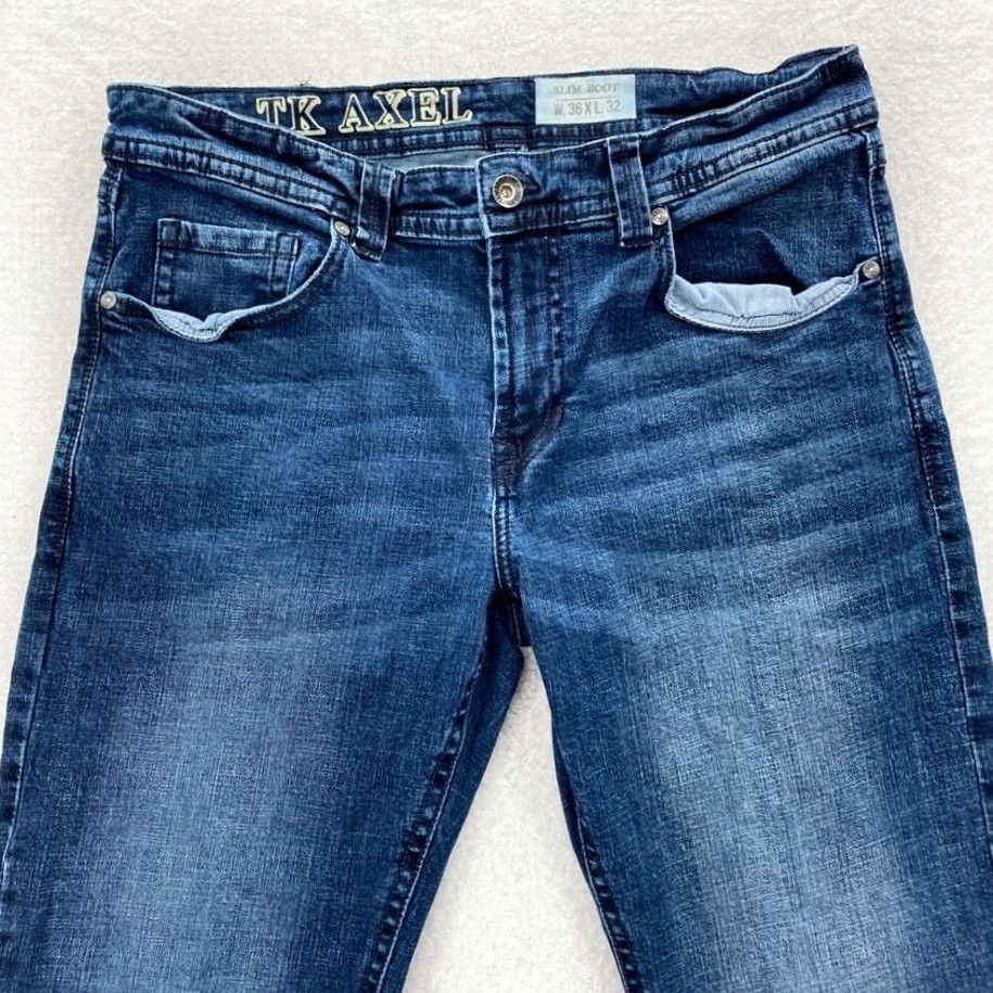 Denime TK Axel Jeans Mens 36x30 Slim Fit Dark Wash Blue Stretch Denim Bootcut Pants Size US 36 / EU 52 - 2 Thumbnail