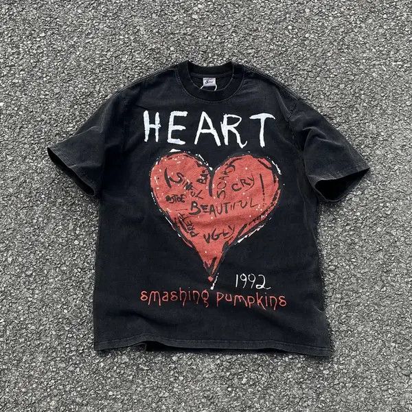 Vintage Street Retro Heart Print Loose Short Sleeve T-Shirt Size US M / EU 48-50 / 2 - 6 Thumbnail