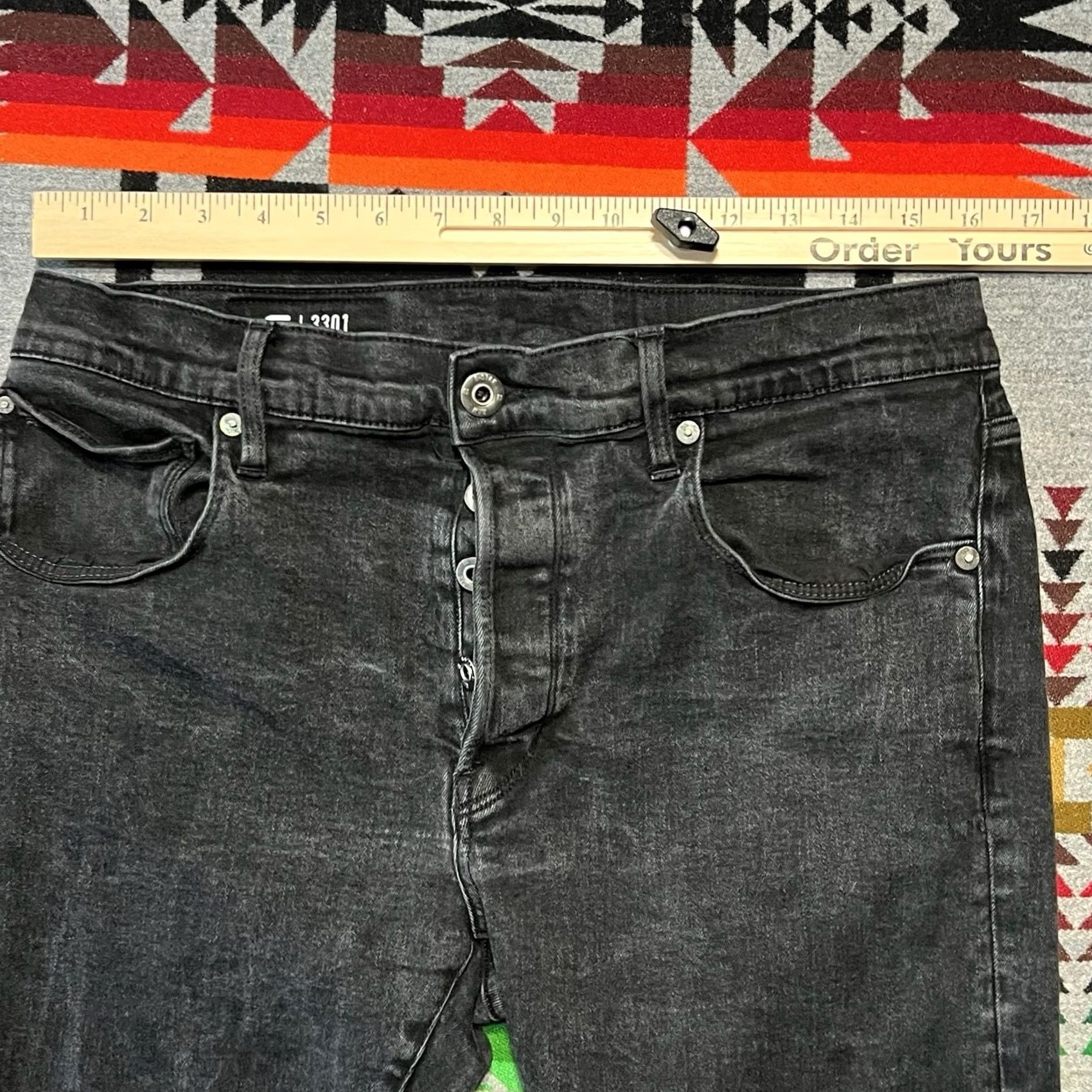 G-Star G Star Raw Jeans Mens 36x32 Black 3301 Slim Stretch Button Fly Denim D3 Size US 36 / EU 52 - 3 Thumbnail