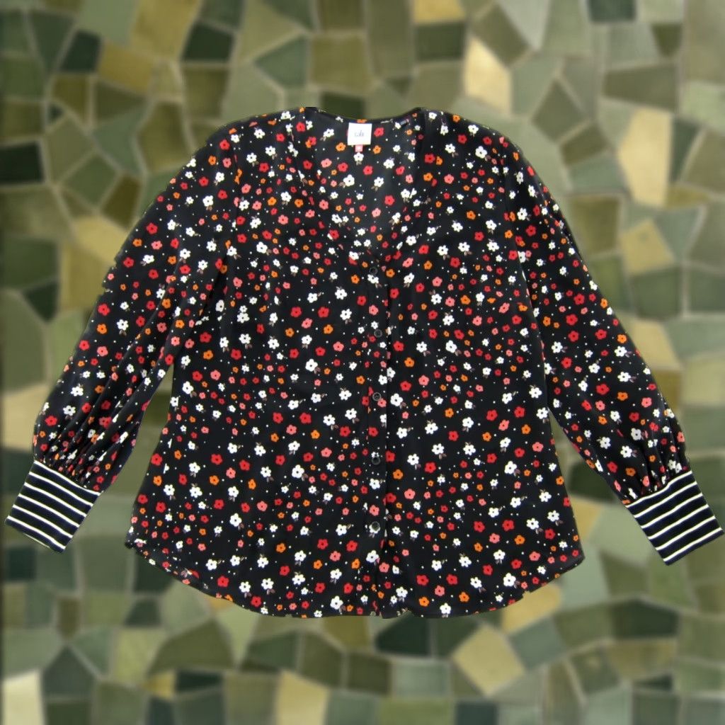 Vintage Cabi Blouse L Black Floral Button Down Long Sleeve V-Neck Women Size L / US 10 / IT 46 - 1 Thumbnail