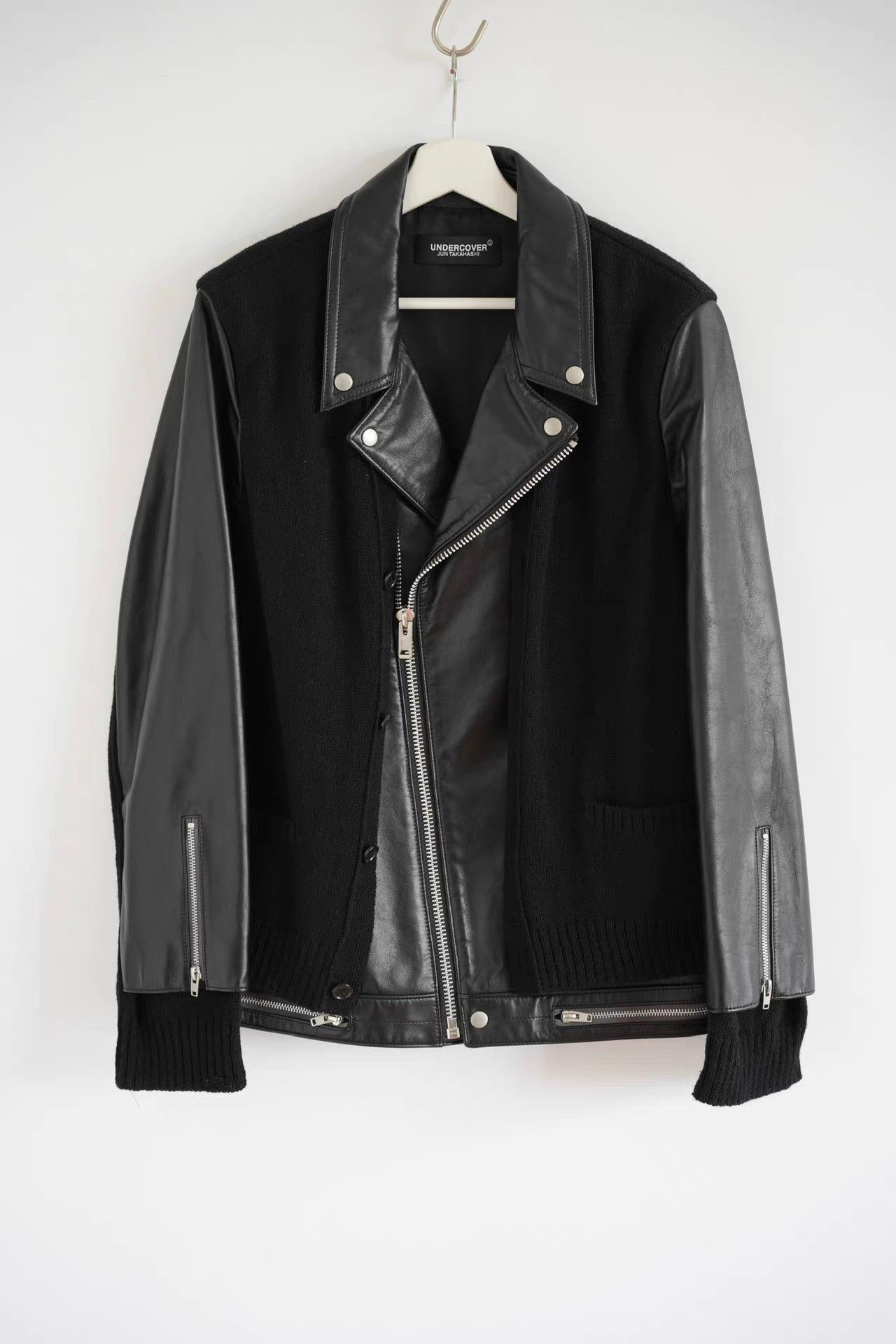 Undercover Black Leather Sleeved Knit Moto Jacket Size US XL / EU 56 / 4 - 1 Thumbnail