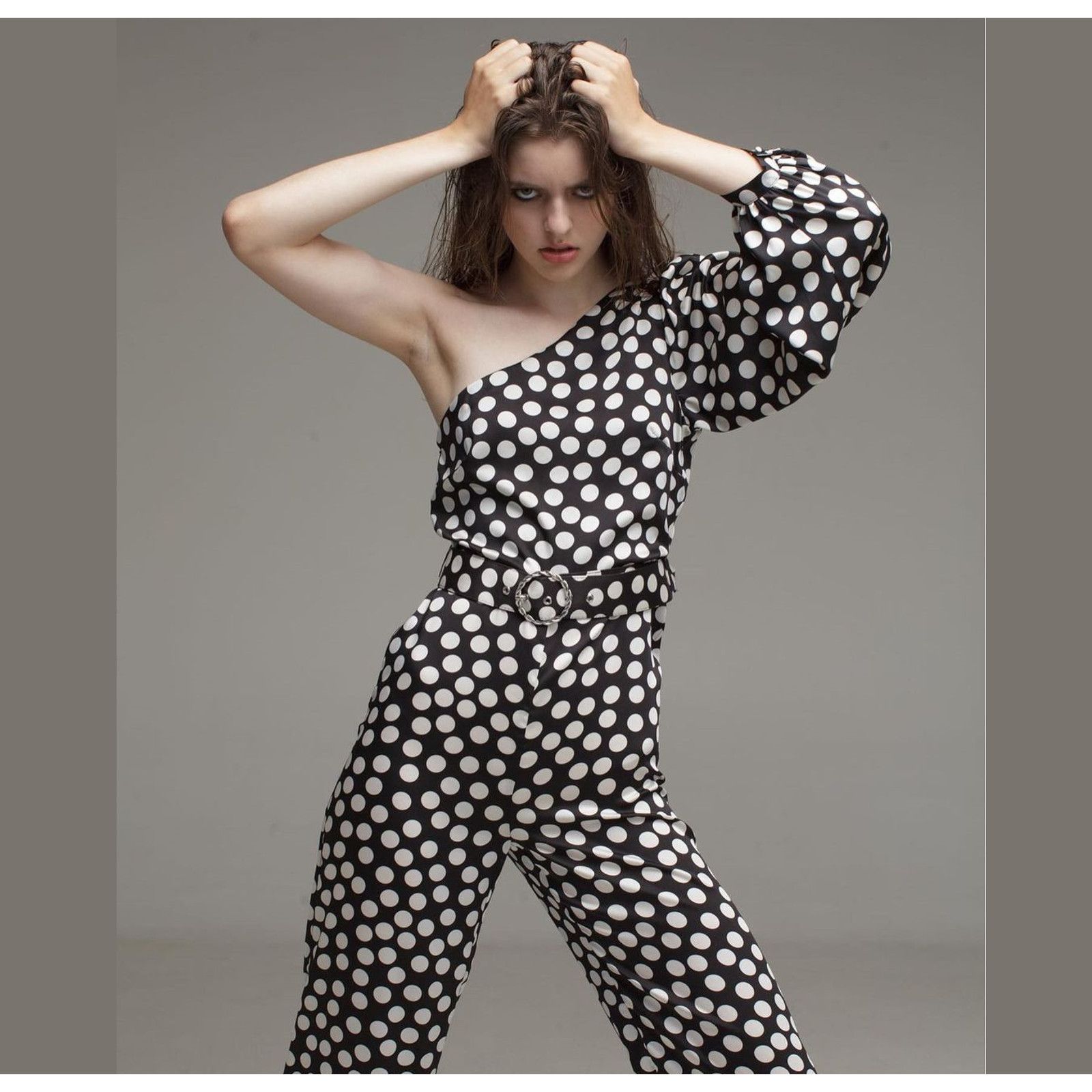 Mango Mango Polka Dot One Shoulder Jumpsuit Straight Leg NWT Size 34" / US 12 / IT 48 - 19 Thumbnail