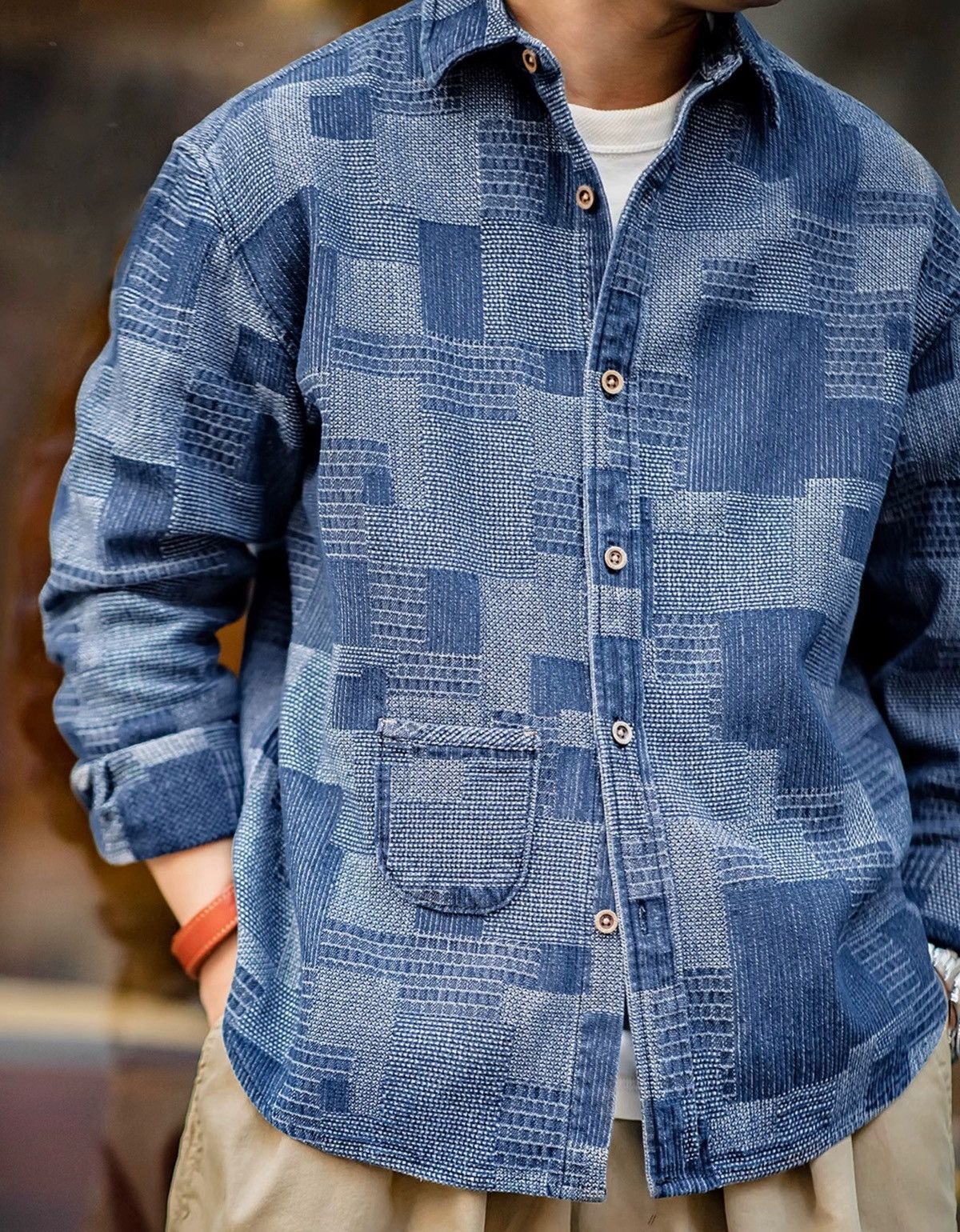 Retro fashion indigo boro button up shirt