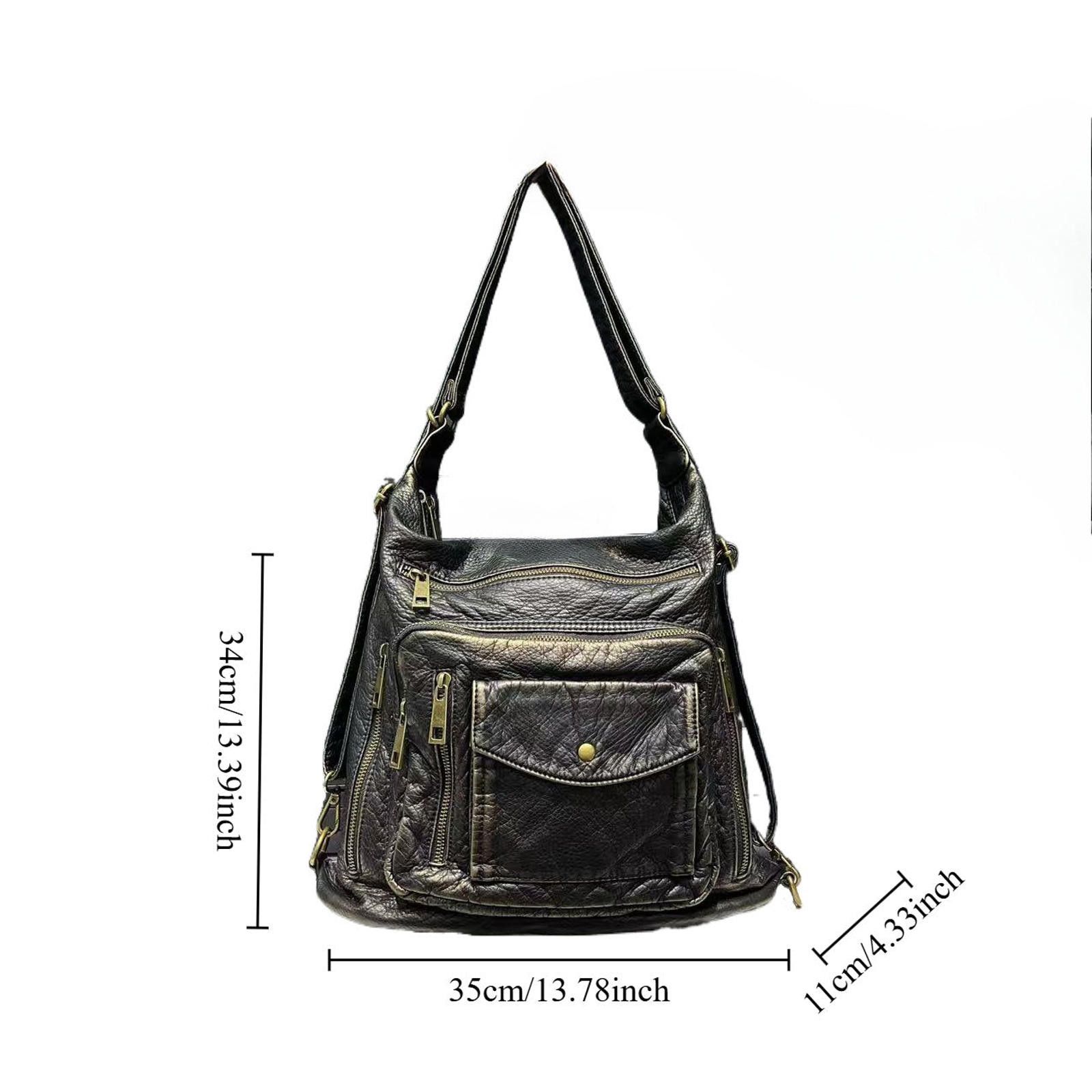 Vintage Black Textured Leather Shoulder Bag with Multiple Pockets Size ONE SIZE - 5 Thumbnail