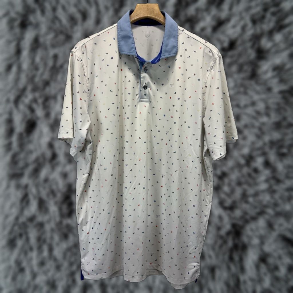 Vintage Greyson Polo Shirt Mens X-Large AOP Performance Golf Fish Birds Moose Ram Ivory Polyester Blend Short Sleeve Collared Sz XL Size US XL / EU 56 / 4 - 1 Thumbnail
