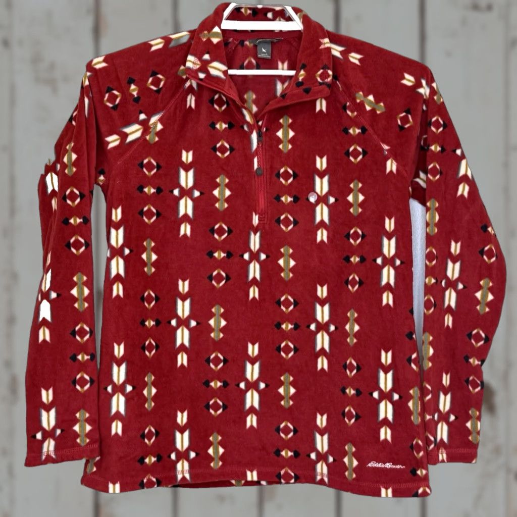 Eddie Bauer Eddie Bauer 1/4 Zip Fleece Jacket Womens L Red Aztec Mid-Length Long Sleeve Lightweight Casual Size L / US 10 / IT 46 - 1 Thumbnail