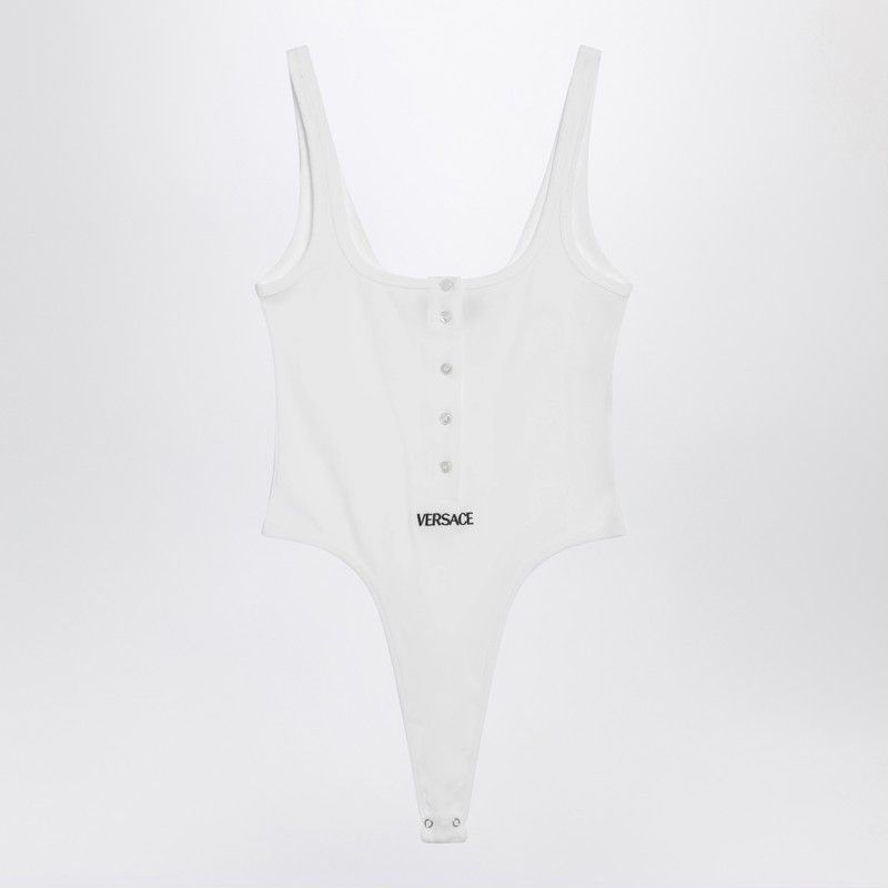 Versace Versace White High-Cut Bodysuit With Embroidered Logo Size S / US 4 / IT 40 - 1 Thumbnail