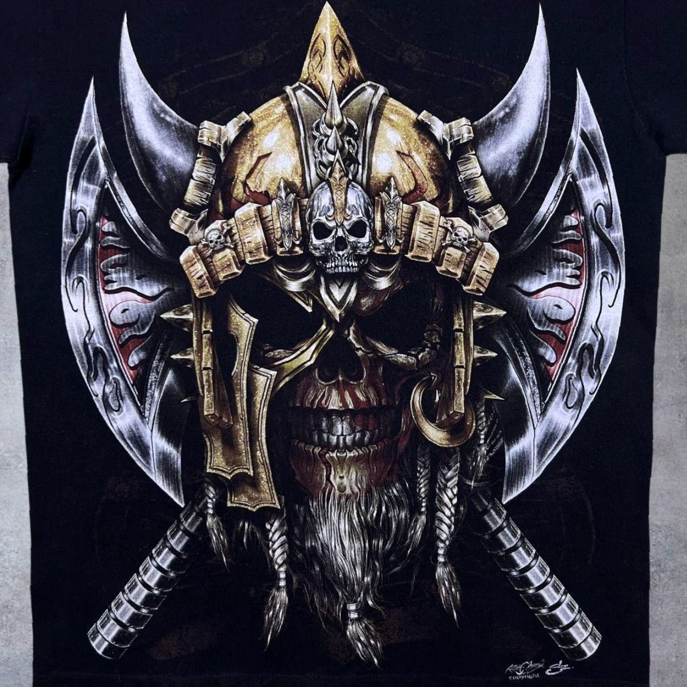 Vintage Rock Chang Early 00's Goth Viking Skull Axe Graphic Black T-Shirt Small Mens Short Sleeve Round Neck Graphic Print Size US S / EU 44-46 / 1 - 3 Thumbnail
