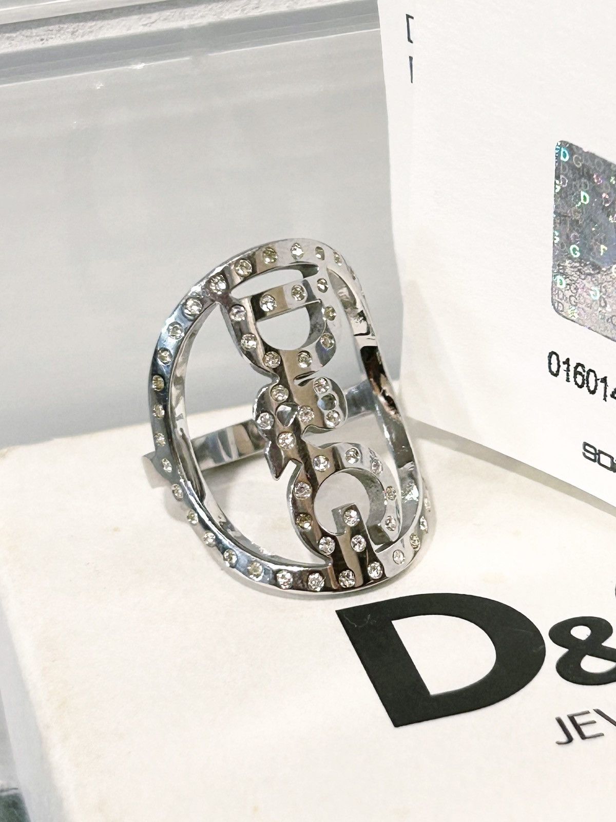 Dolce & Gabbana Authentic Dolce & Gabbana Silver & Crystal Toned Logo Ring Size ONE SIZE - 1 Thumbnail