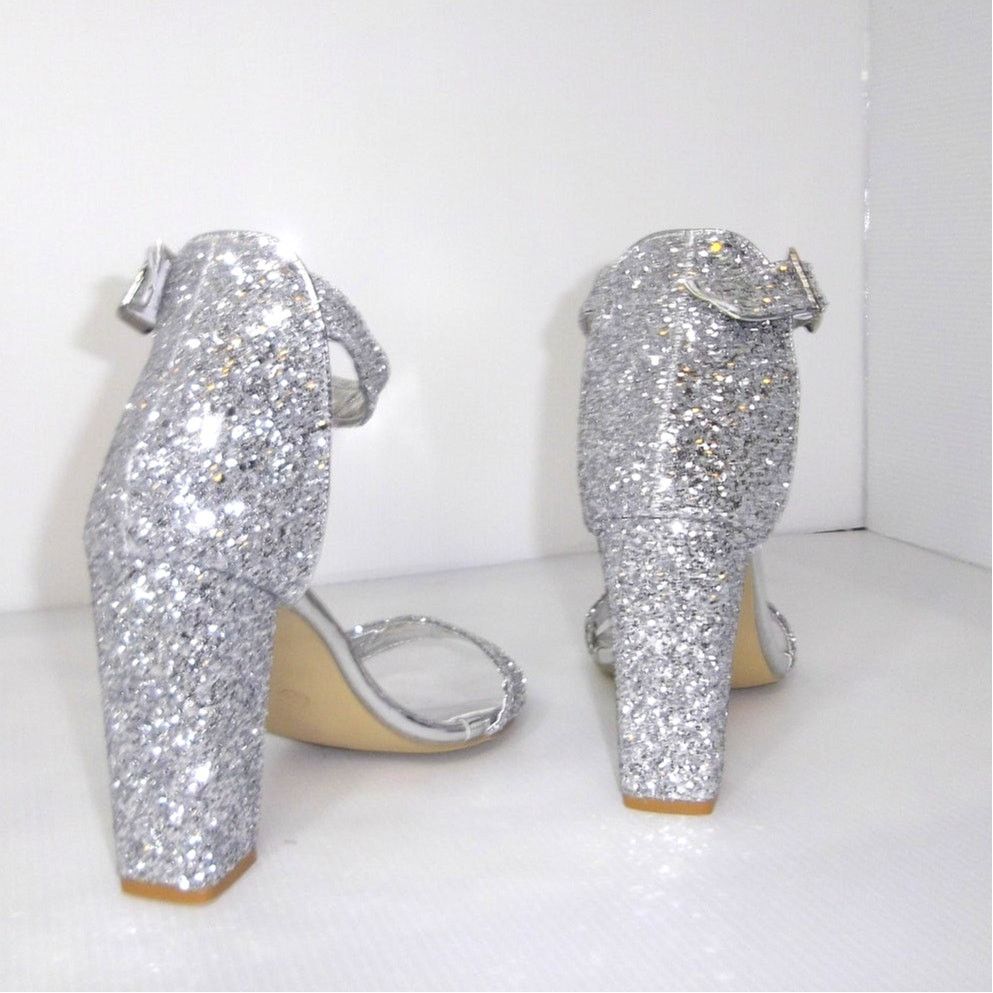 Other Sliver Glitter Open Toe Ankle Strap 4" Chunky Block Heel Size US 8.5 / IT 38.5 - 4 Thumbnail