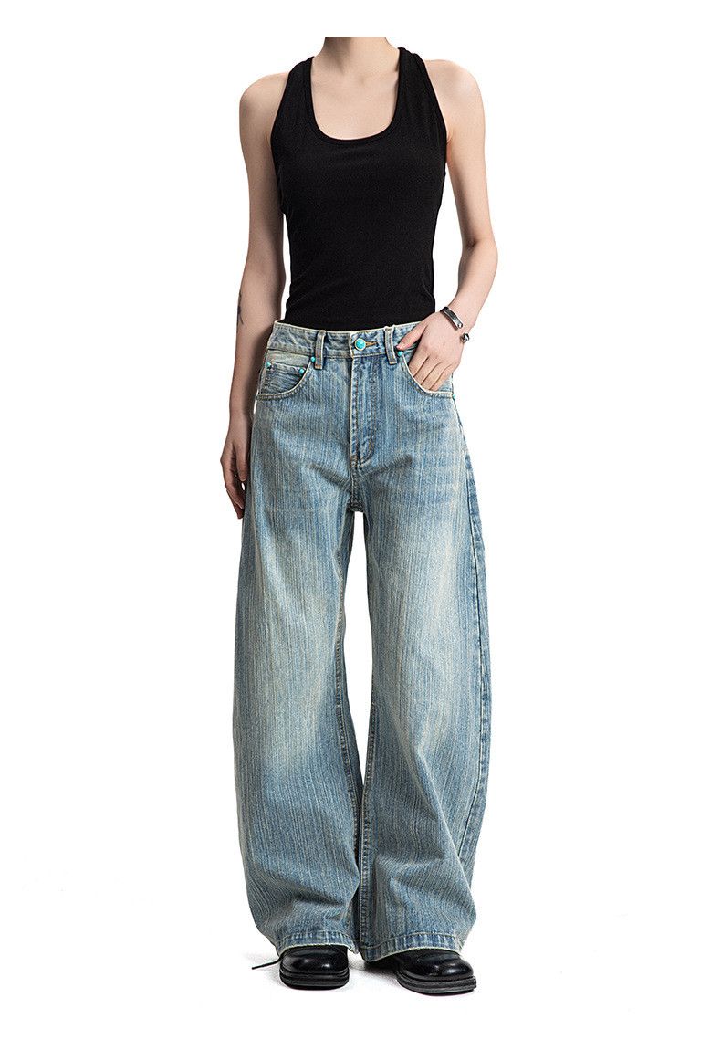 Retro washed bamboo-joint loose straight leg jeans