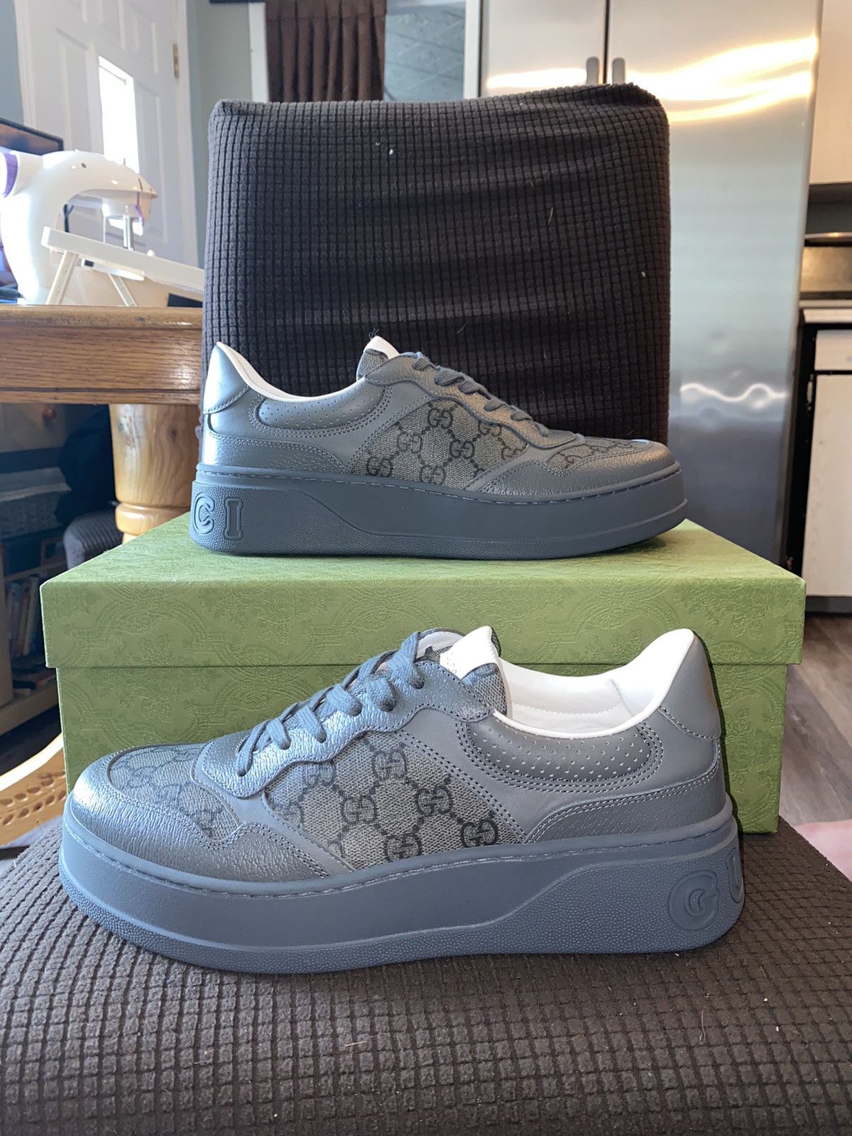 Gucci Grey Leather Gucci Lace Up Sneakers 9 US Monogram Print BNIB Size US 9 / EU 42 - 1 Thumbnail