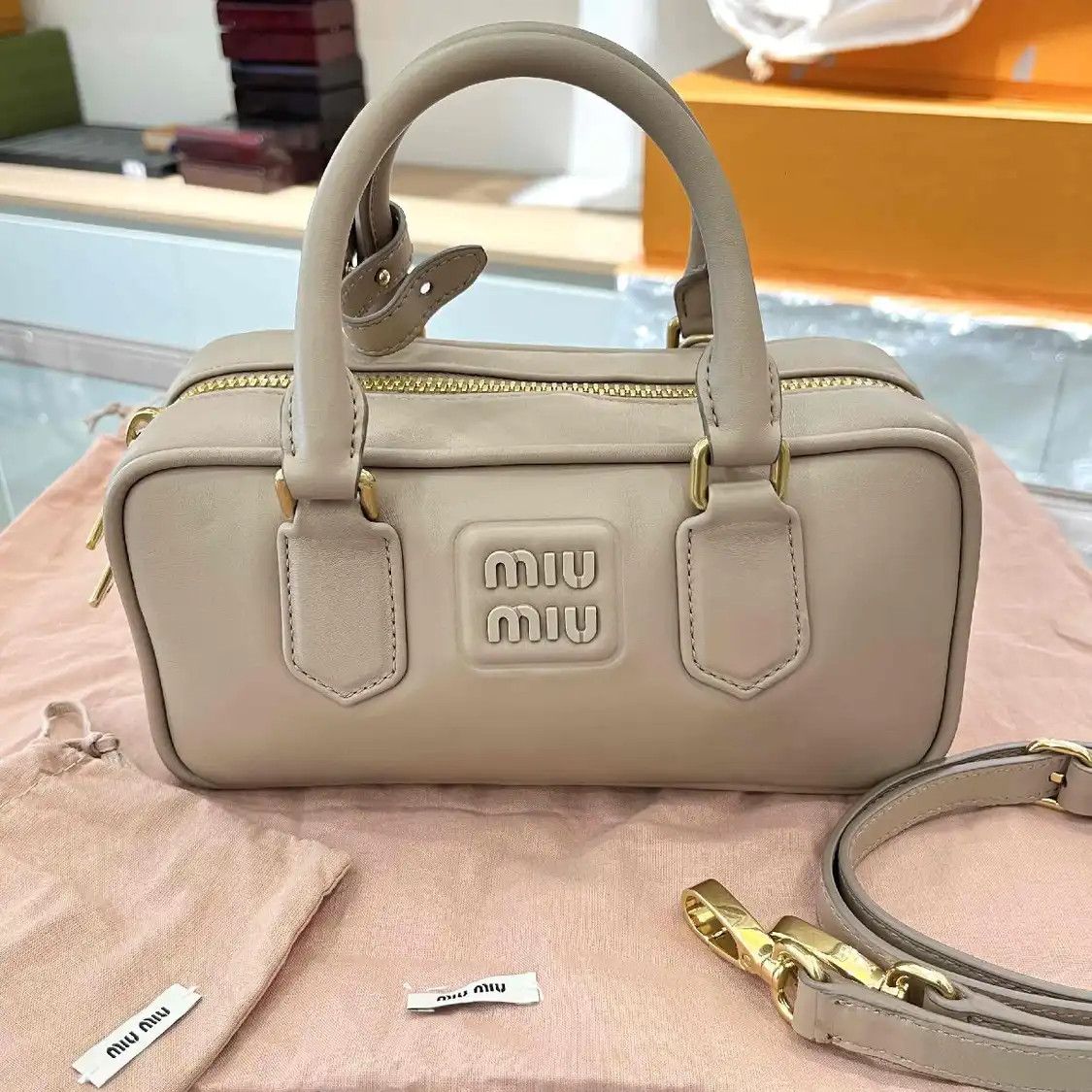 Miu Arcadie Khaki Cowhide Leather Bolide Crossbody Bag in Beige, Women's