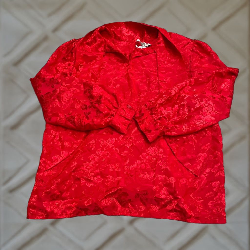 Vintage SK & Company Blouse Adult L Red Floral Satin Mock Neck Long Sleeve Tie Size L / US 10 / IT 46 - 1 Thumbnail