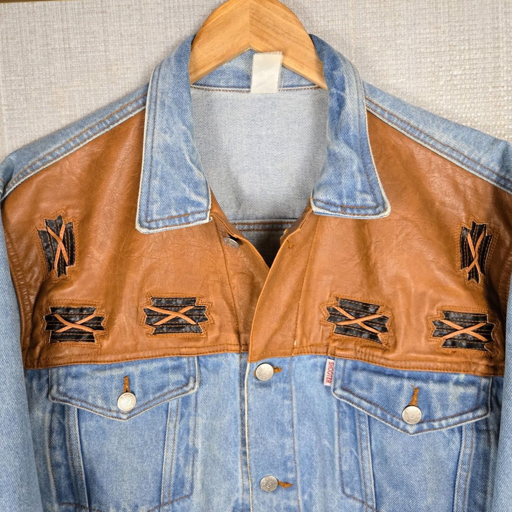 Denime SHOOTER VTG Mens Size Large Western Denim Leather Trucker Jacket Button Front Size US L / EU 52-54 / 3 - 2 Thumbnail