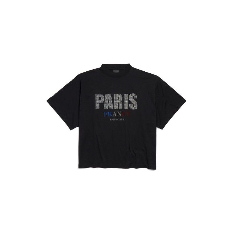 Balenciaga o1s1rm1225 Paris Strass Cropped T-Shirt Oversized in Black Size XS / US 0-2 / IT 36-38 - 1 Thumbnail