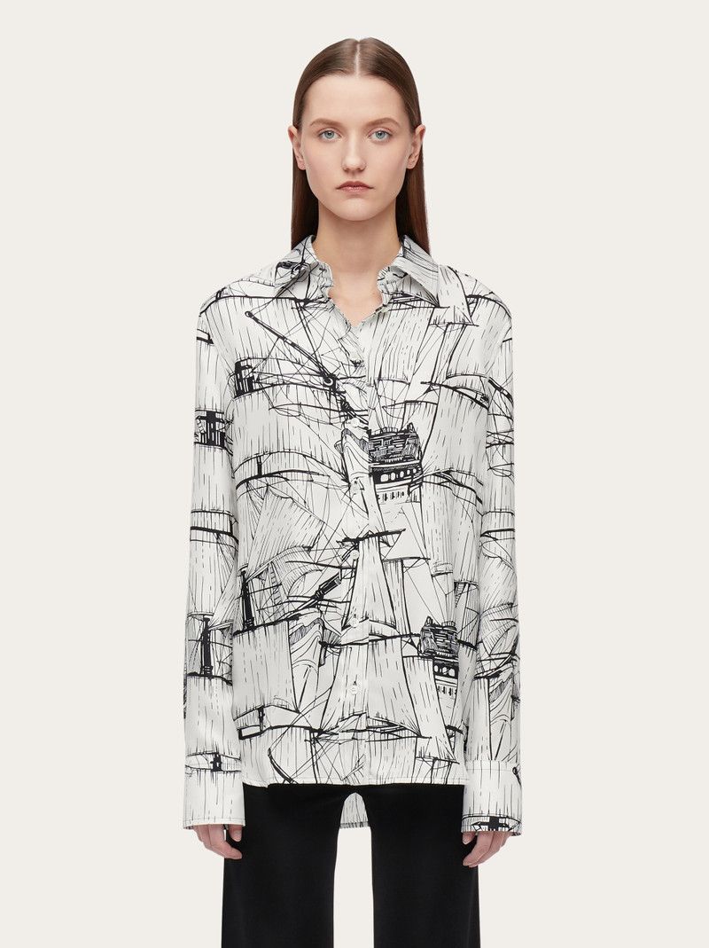 Salvatore Ferragamo o1s1rm0126 Nautical Printed Silk Shirt in White/Black Size M / US 6-8 / IT 42-44 - 2 Thumbnail
