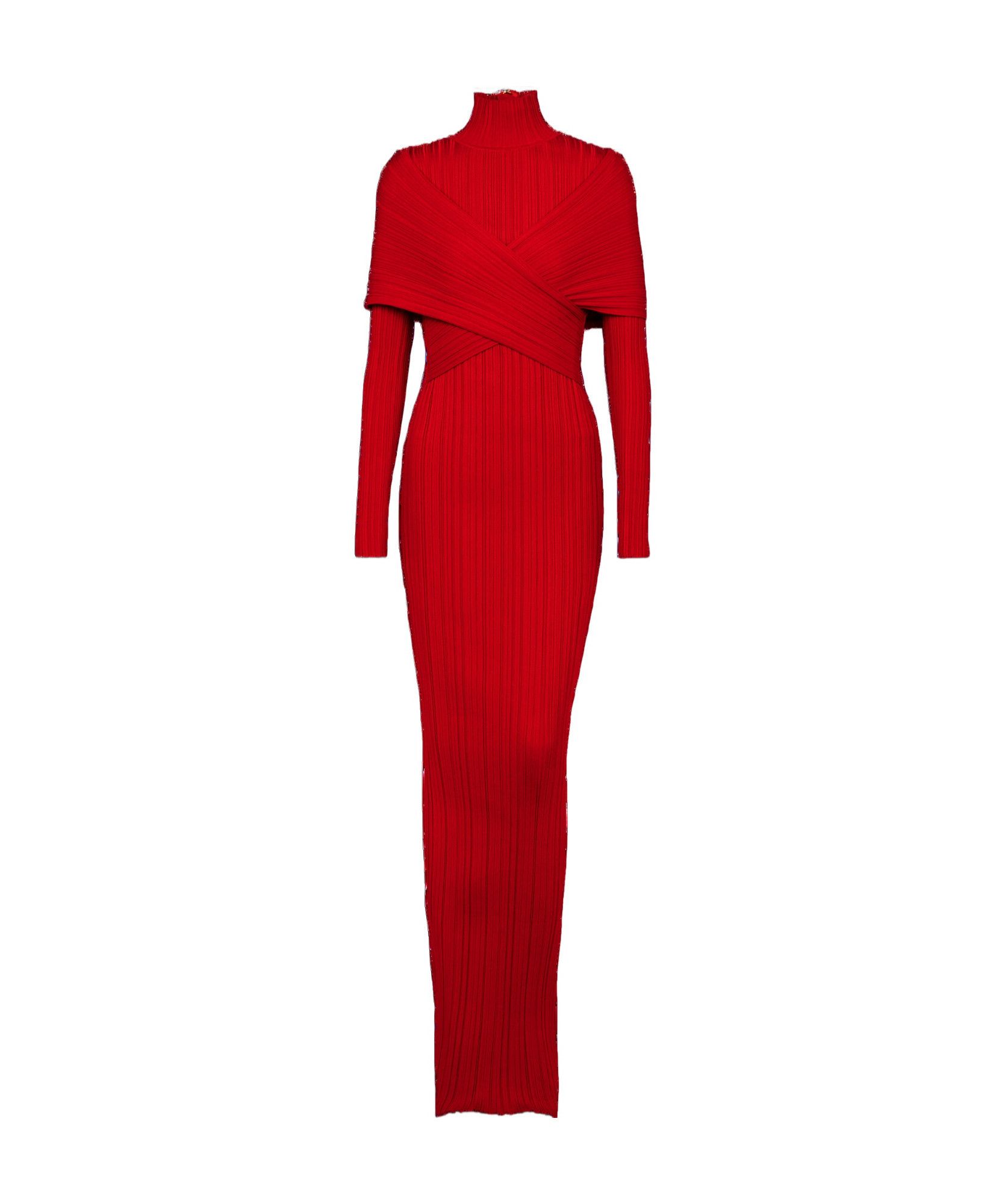 Balmain o1s1wg111025 Hi-neck Pleated Knit Long Dress in Red Size XS / US 0-2 / IT 36-38 - 1 Thumbnail