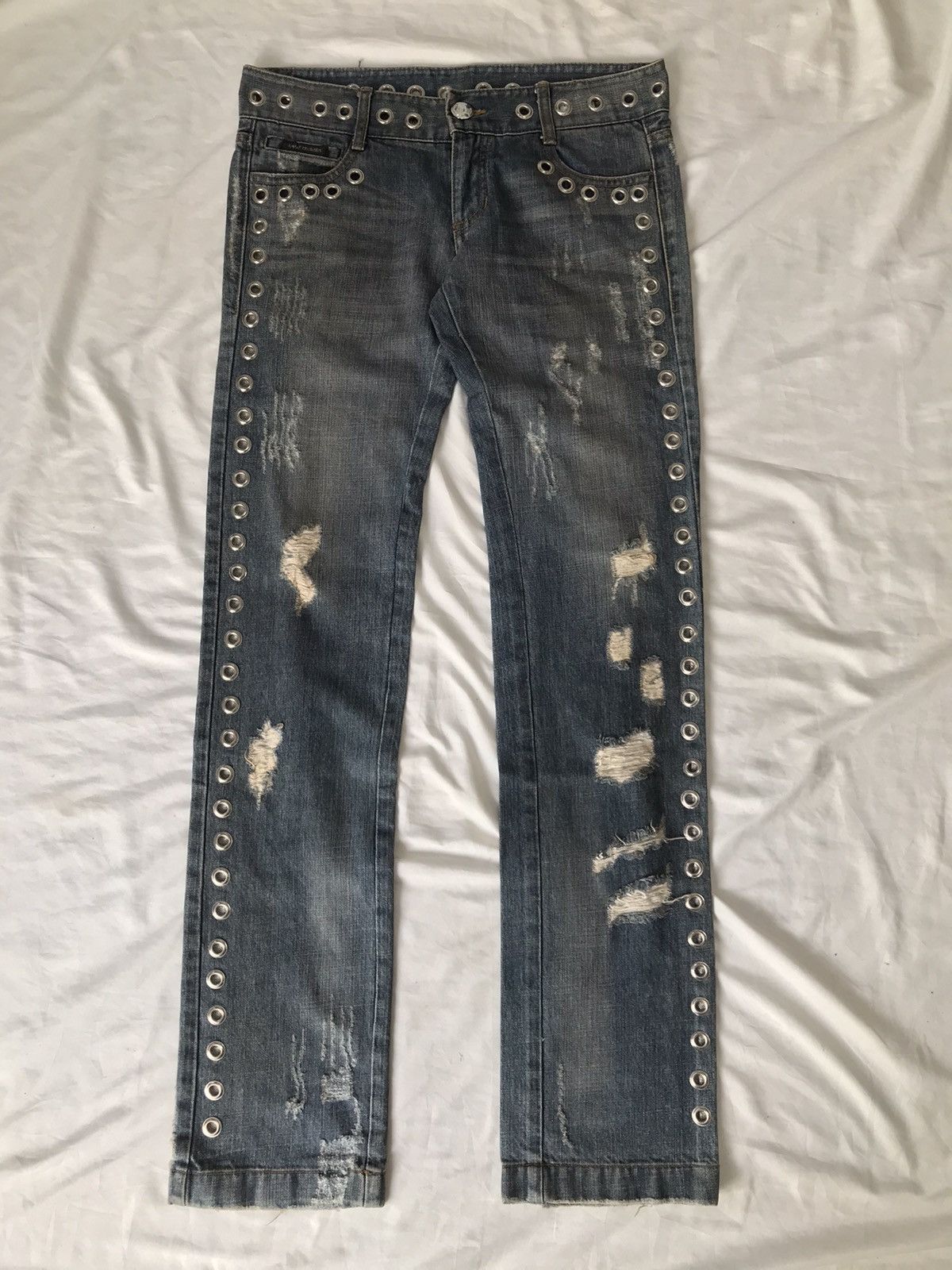 image of 14Th Addiction x Kmrii Ahaat Cluber Studded Eyelet Jeans Mud Wash Style in Blue, Men's (Size 31)