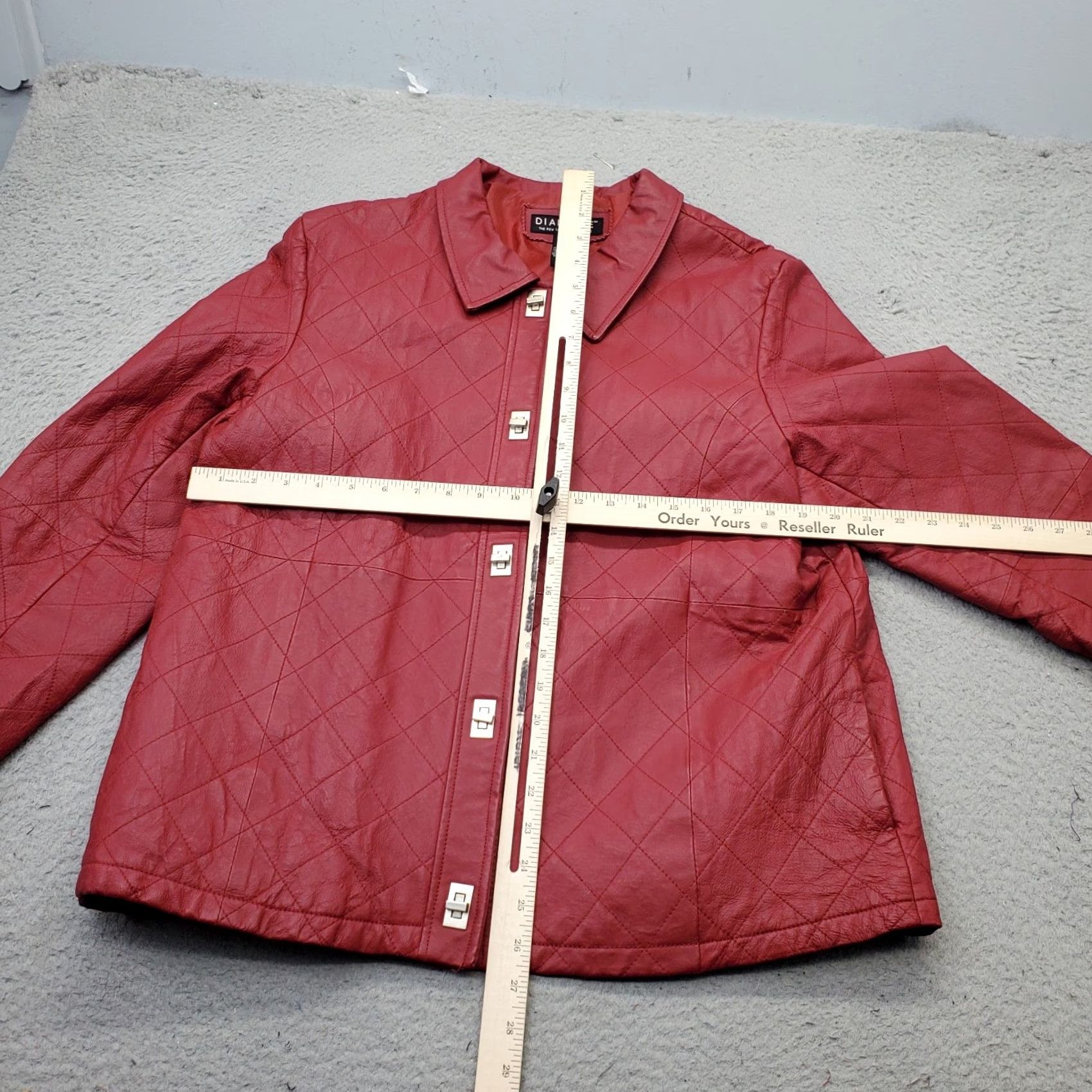 Vintage Dialogue Leather Jacket Women Large Red Diamond Stitch Collared Turn Lock Button Jacket Size L / US 10 / IT 46 - 3 Thumbnail
