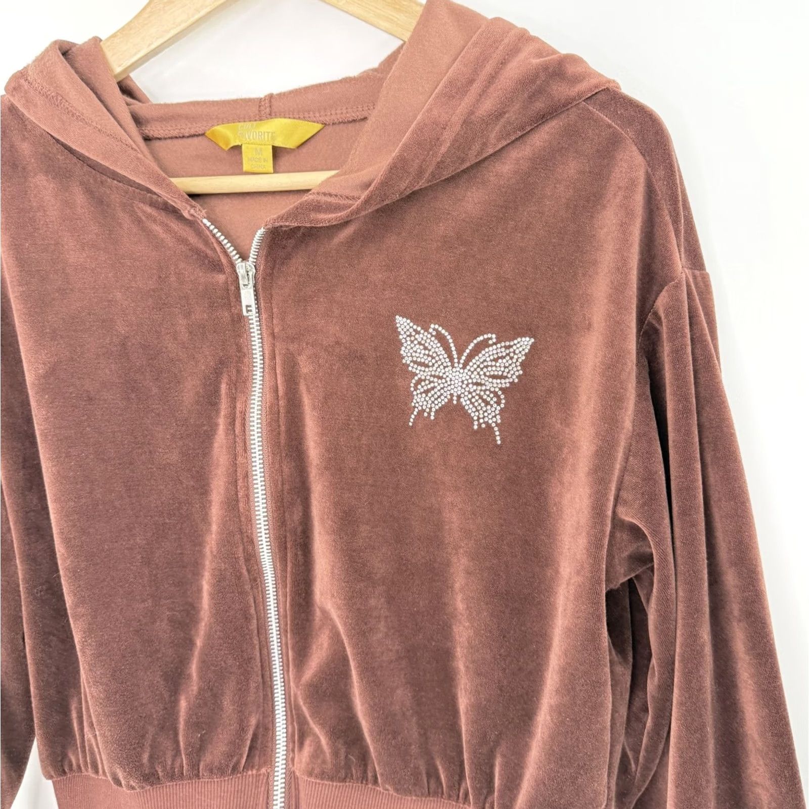 Velour Cult Favorite Hoodie Velour Zip Up Butterfly Rhinestone Jacket Womens Medium Brown Y2K Size M / US 6-8 / IT 42-44 - 2 Thumbnail