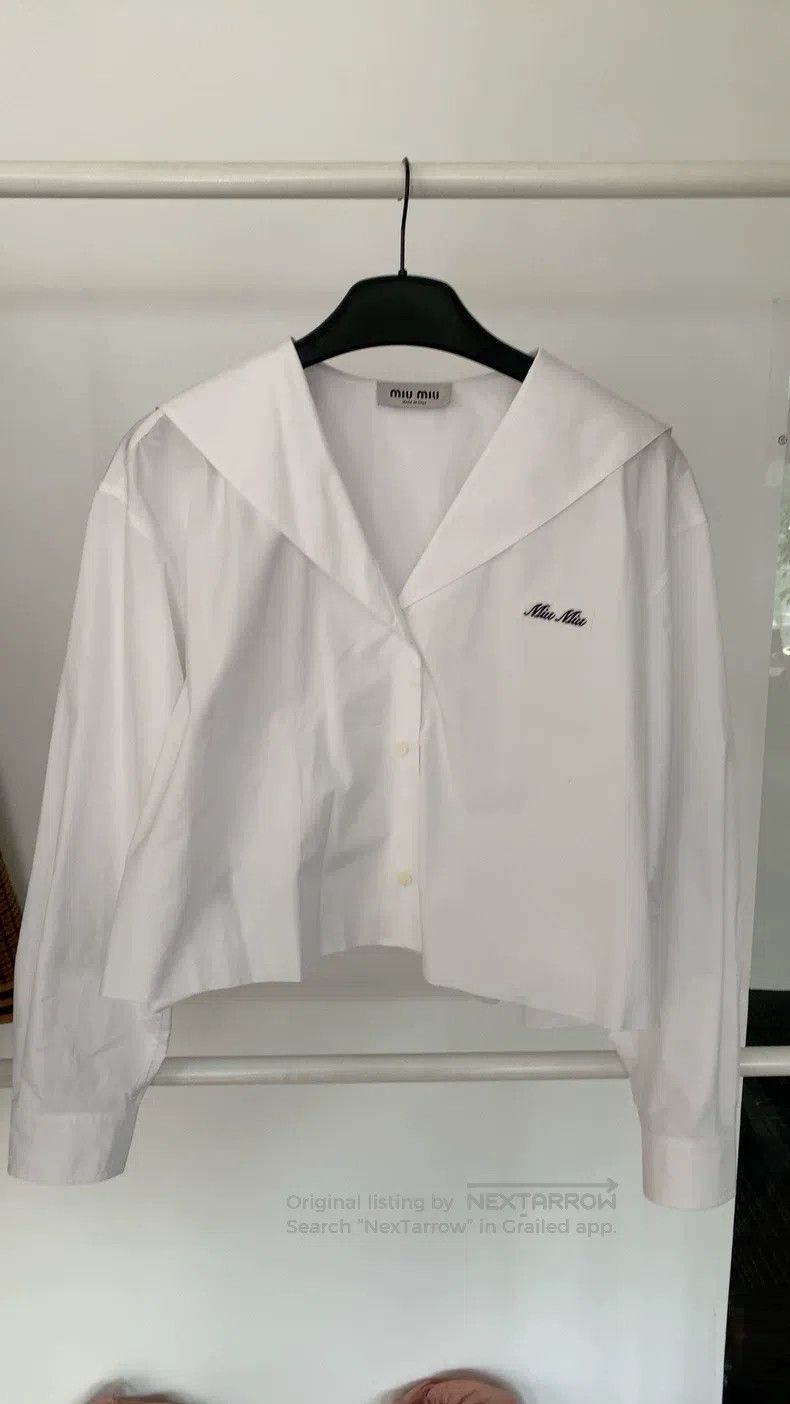 Miu Miu Miu Miu 42 White navy collar long sleeve shirt Size L / US 10 / IT 46 - 1 Thumbnail