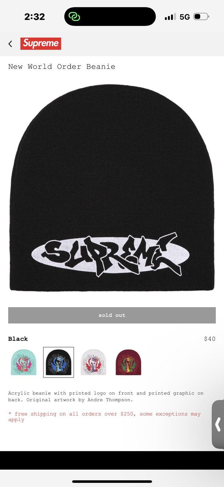 Supreme SUPREME NEW WORLD ORDER BEANIE Size ONE SIZE - 2 Thumbnail