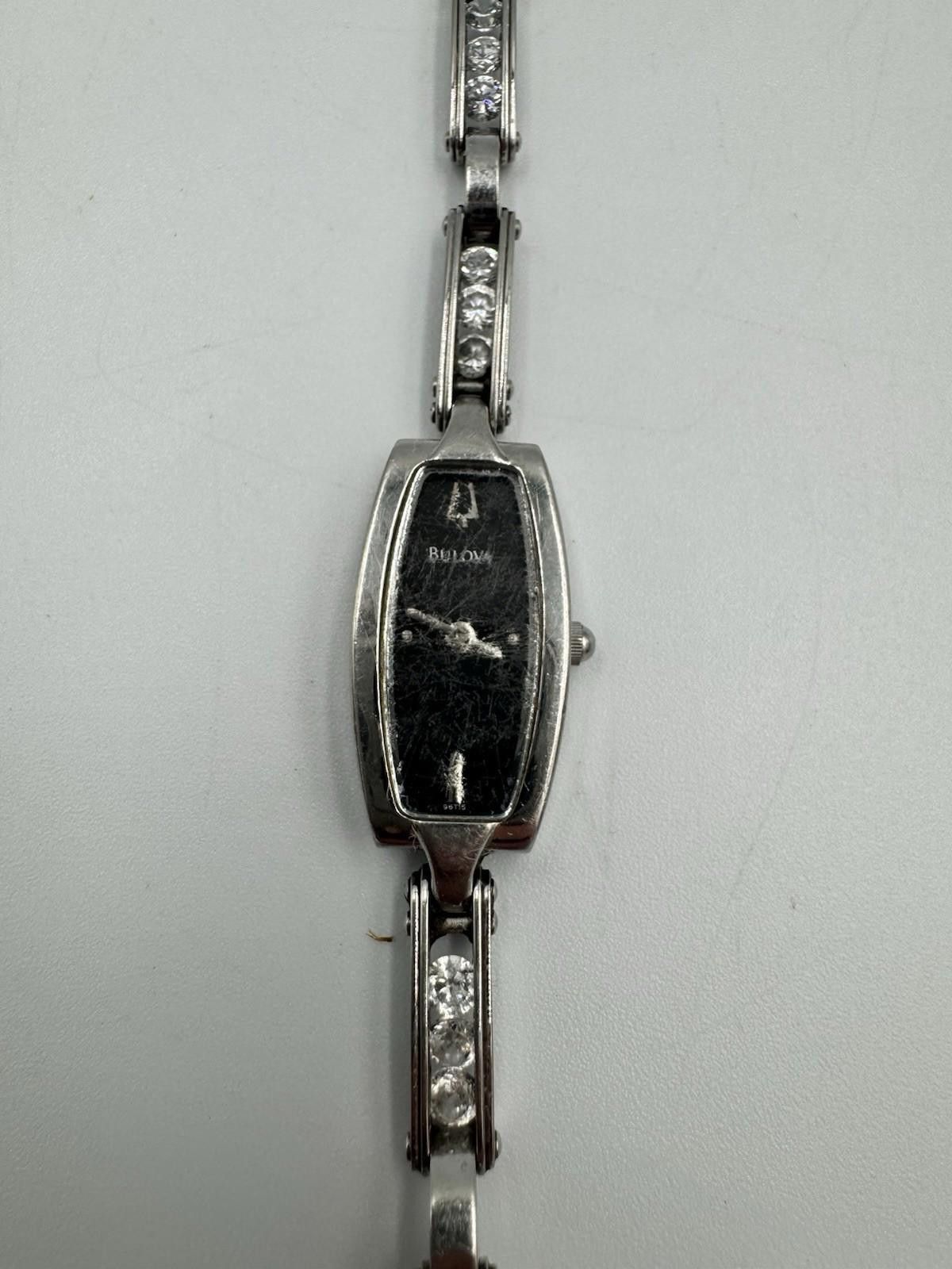 Bulova Womens Floating Crystals Black Dial Silver Stainless