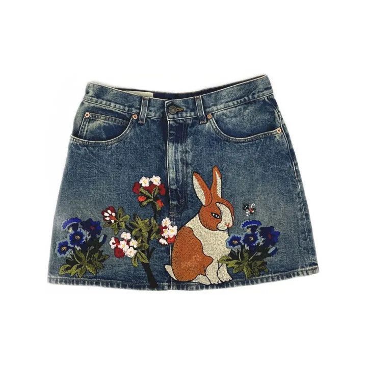 Gucci Gucci Floral Rabbit Embroidered Denim Skirt-2507 Size 35" - 8 Thumbnail