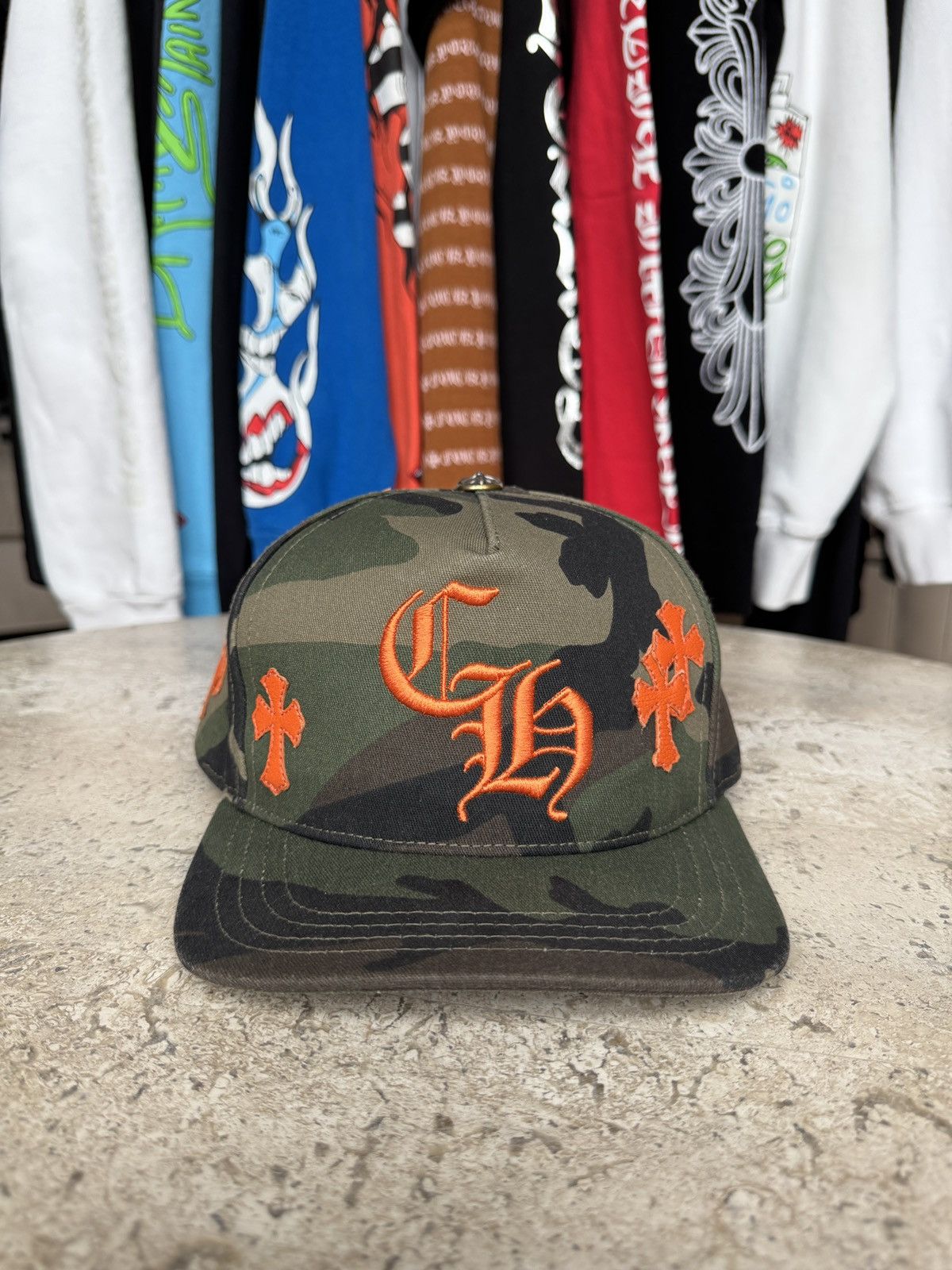 Chrome Hearts Chrome Hearts Camo Orange Leather Cross Patch Hat Size ONE SIZE - 1 Thumbnail