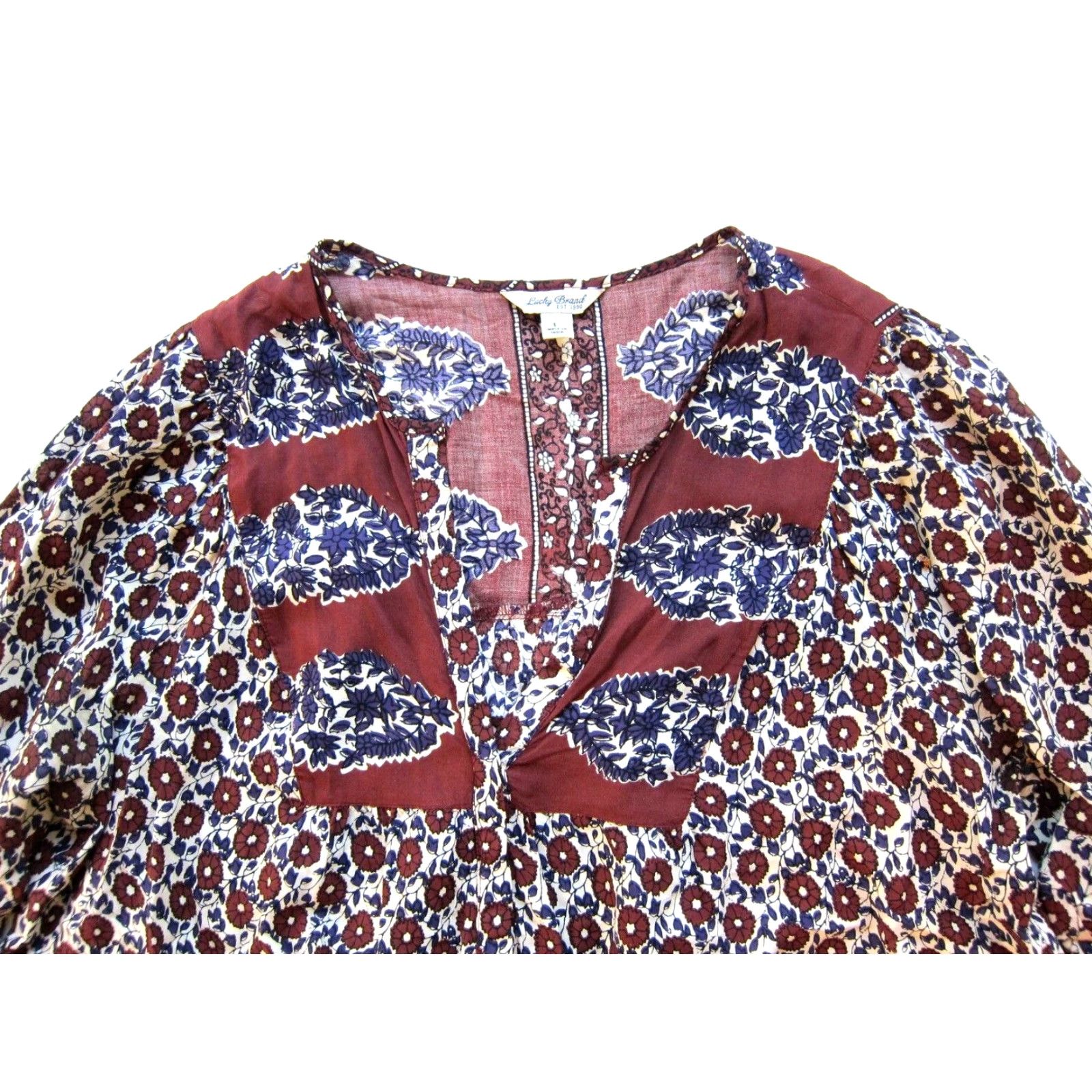 Lucky Brand Lucky Brand Blouse V-Neck Long sleeve Floral 100% Rayon Red Purple Peasant Large Women Size L / US 10 / IT 46 - 4 Thumbnail