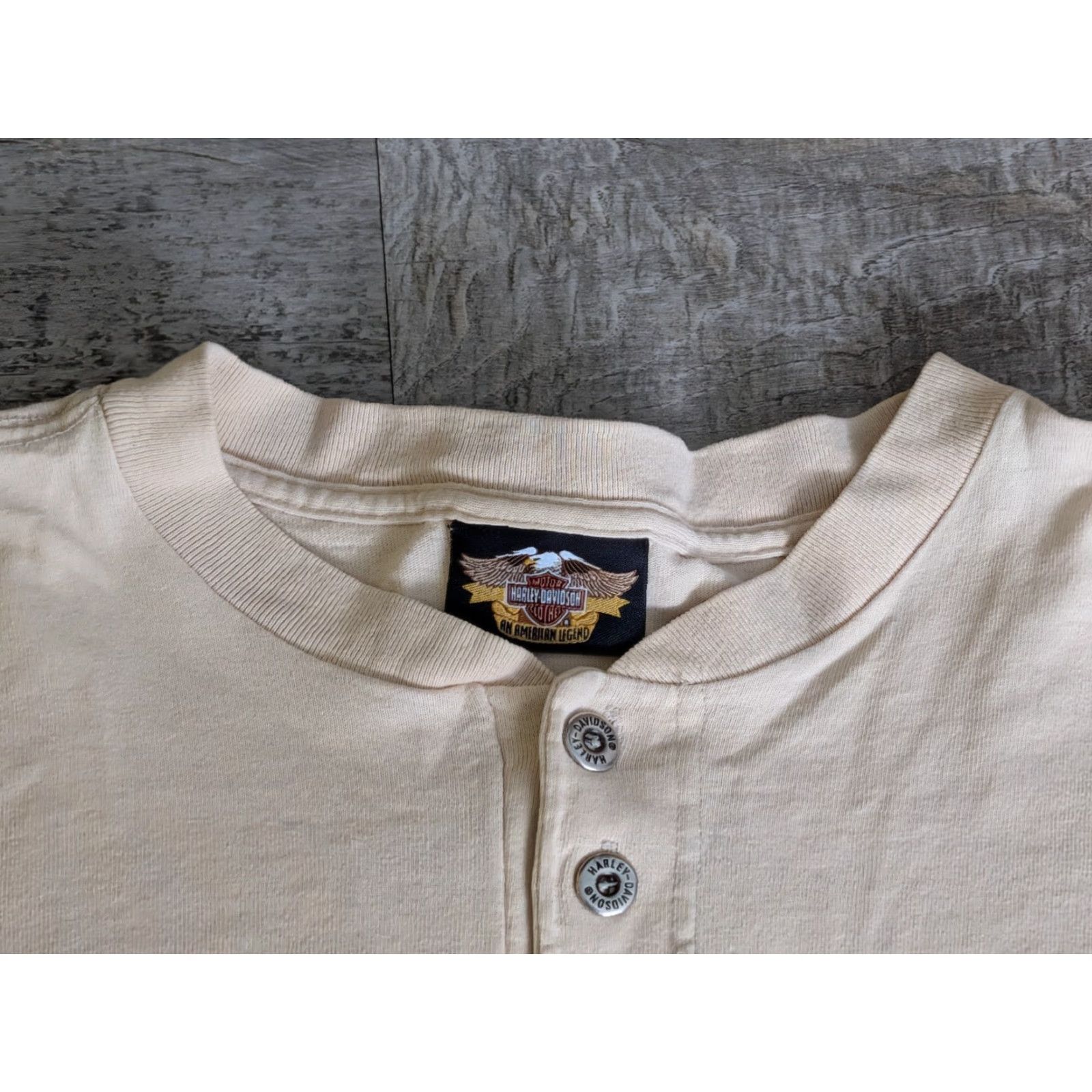 Harley Davidson VINTAGE Harley-Davidson Henley Tee Shirt S/M Beige VGUC Biker Shirt Adult Mens Size S/M Cotton Tee Shirt Logo Button Henley 90s Motorcycle - Mens Size US S / EU 44-46 / 1 - 5 Thumbnail