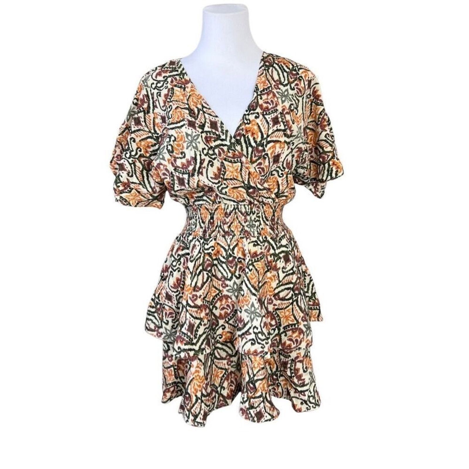 Zara Zara Ikat Tiered Ruffled Dress Tan Green Tribal MEDIUM Size M / US 6-8 / IT 42-44 - 2 Thumbnail