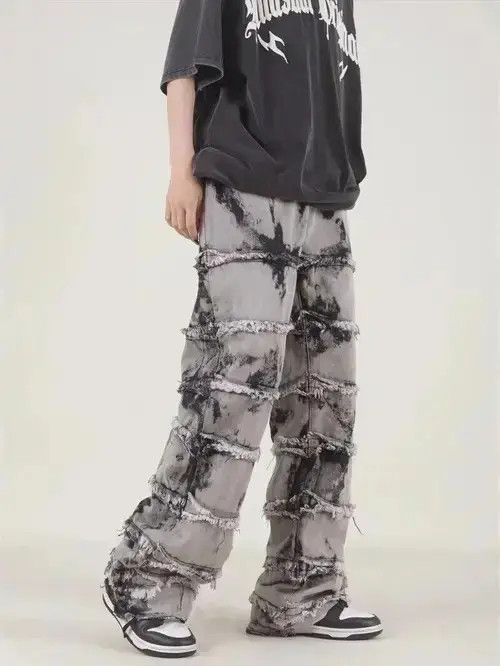 Jean Striped Tassel Frayed Straight Baggy Jeans Size US 32 / EU 48 - 2 Thumbnail