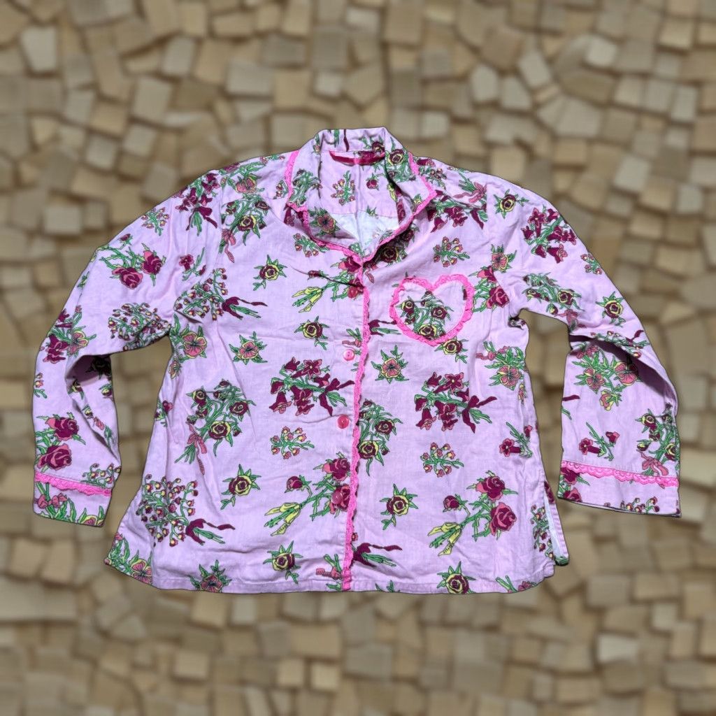 Vintage Sleepwear Set Women's Medium Pink Floral Long Sleeve Button Up & Pants Size M / US 6-8 / IT 42-44 - 1 Thumbnail