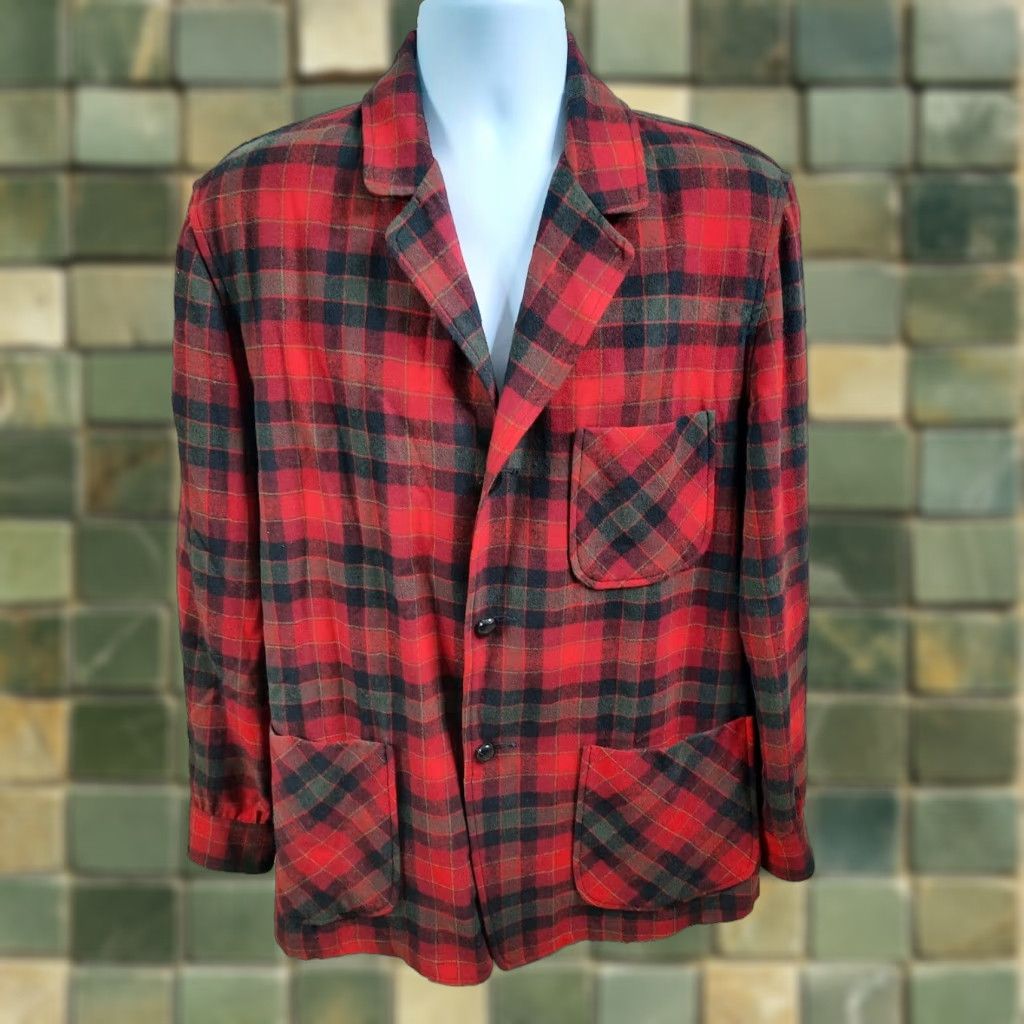 VINTAGE Pendleton Wool Plaid Jacket Shirt M Red Lightweight USA Outdoors Mens