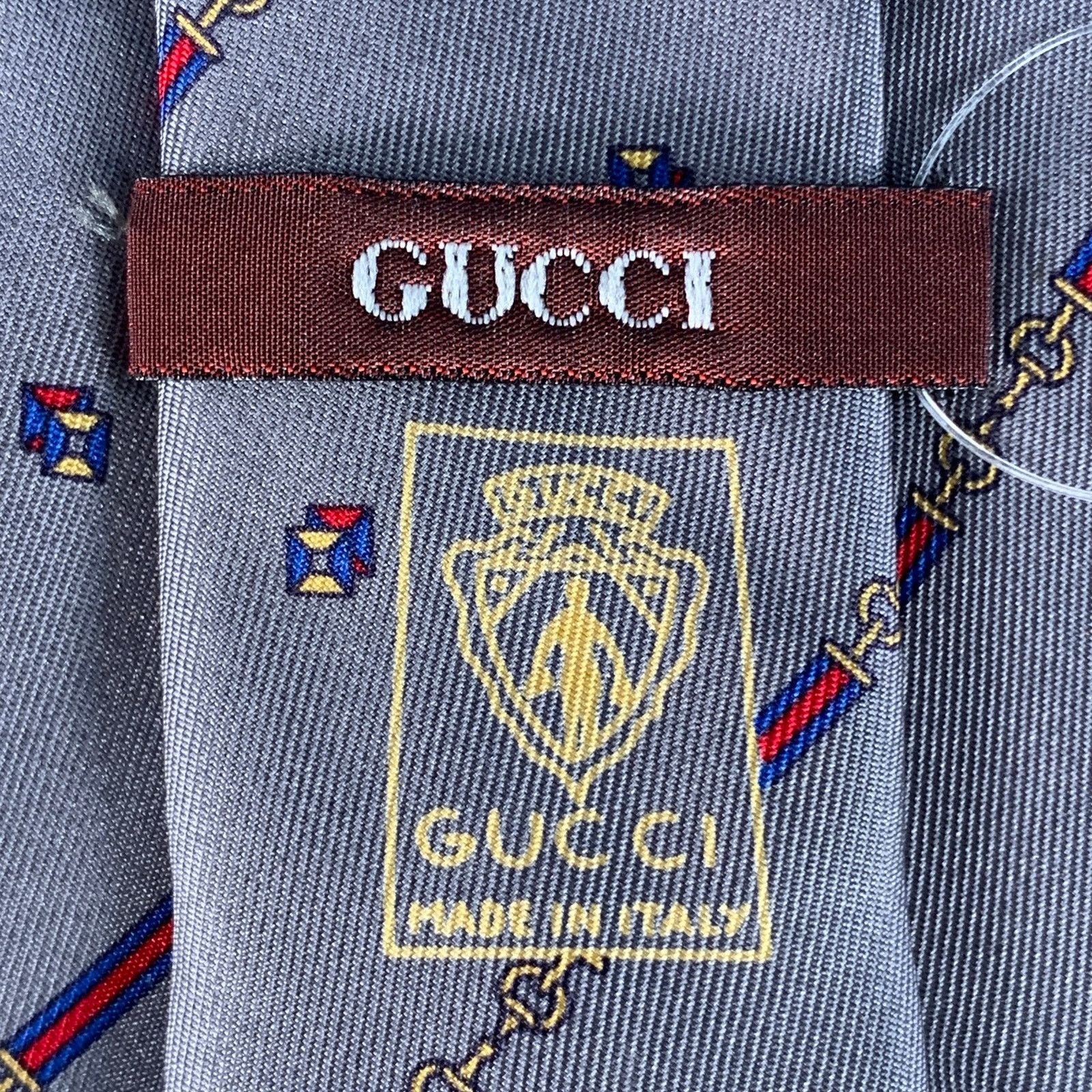 Gucci Vintage Slate Grey Red Horsebit Diagonal Stripe Silk Tie Size ONE SIZE - 4 Thumbnail