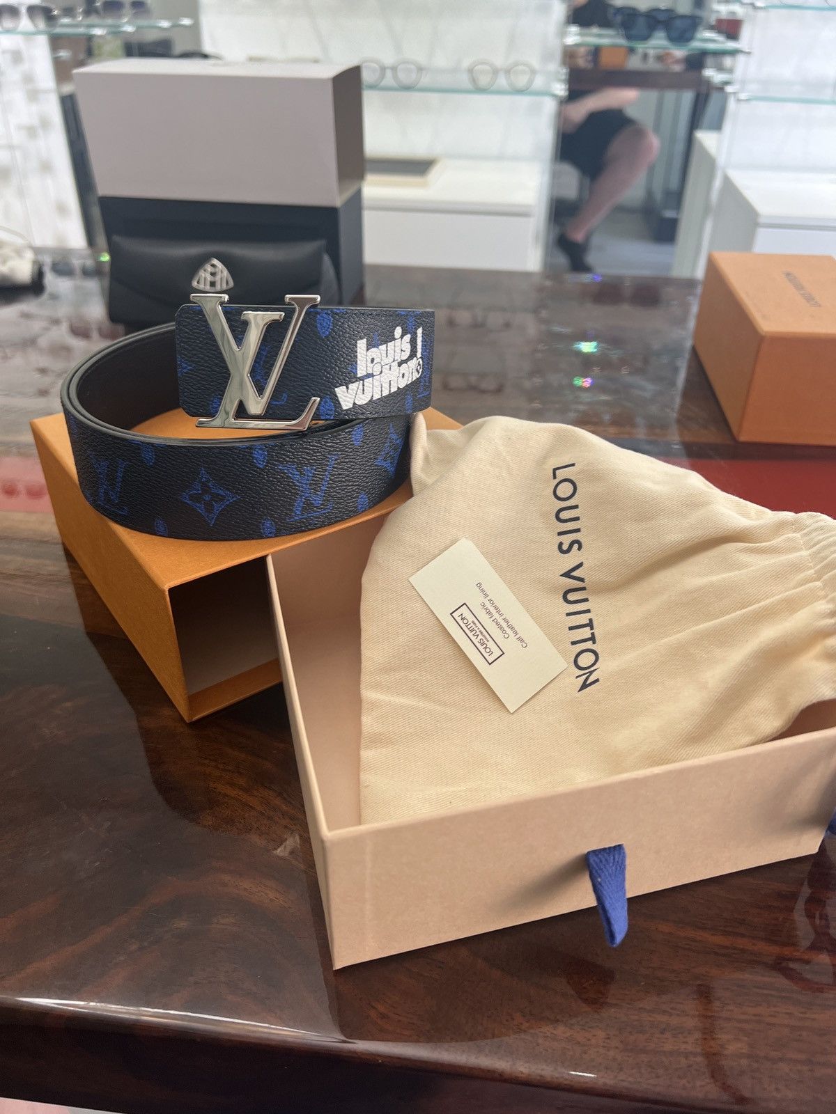 image of Louis Vuitton Louie Vuitton Blue Monogram With Virgil Script Belt, Men's (Size 34)