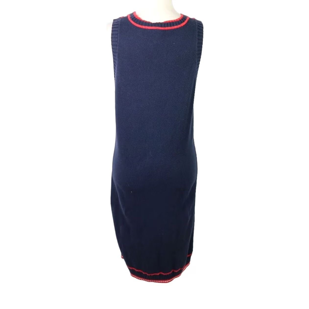 Tommy Hilfiger VINTAGE Tommy Hilfiger Sweater Dress Navy Blue Red Stripe 90s Cotton Knit Sleeveless Knee Length L Womens Size L / US 10 / IT 46 - 4 Thumbnail