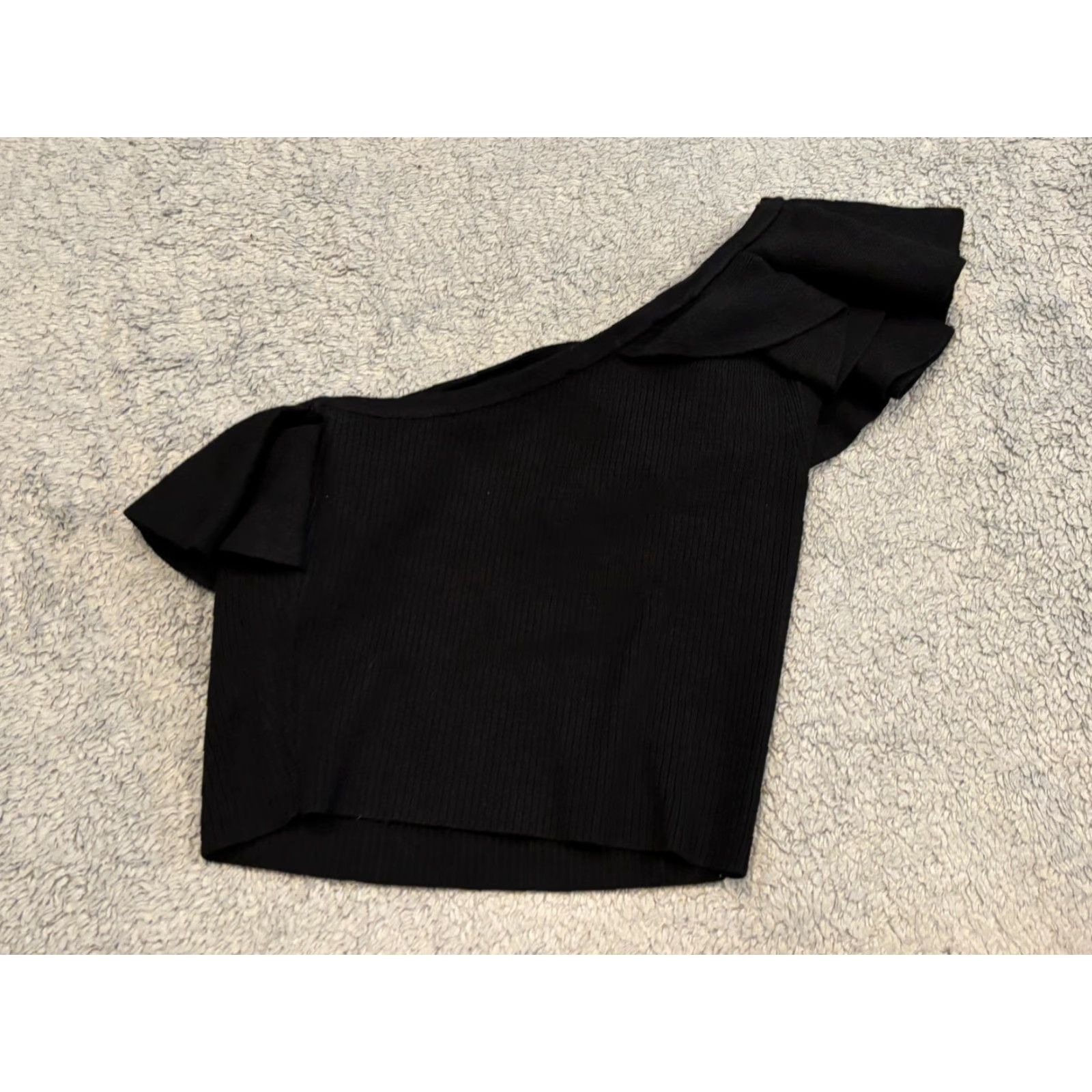 Express VINTAGE Express Top Womens Small Black One Shoulder Asymmetrical Crop Ruffle Cocktail Size S / US 4 / IT 40 - 5 Thumbnail