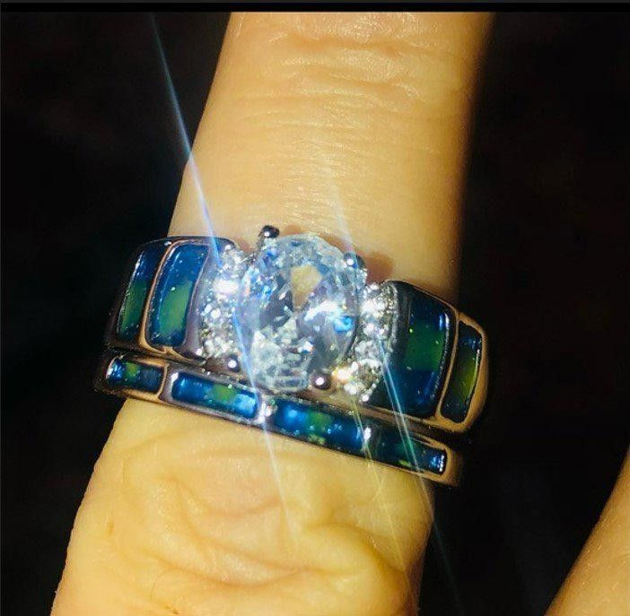 Designer 2pcs Blue Opal Epoxy Zircon Inlaid Silver Ring Set - Size 6 Size ONE SIZE - 7 Thumbnail
