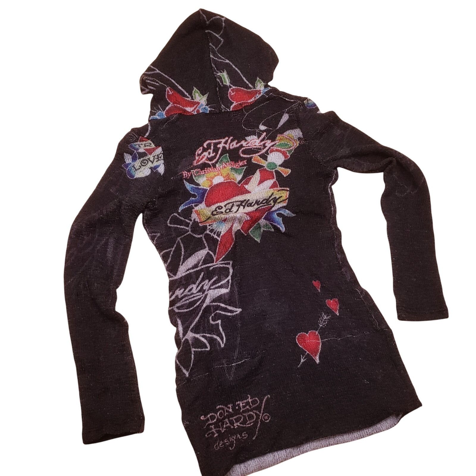 Vtg Ed Hardy fitted pullover v-neck mini dress PETITE