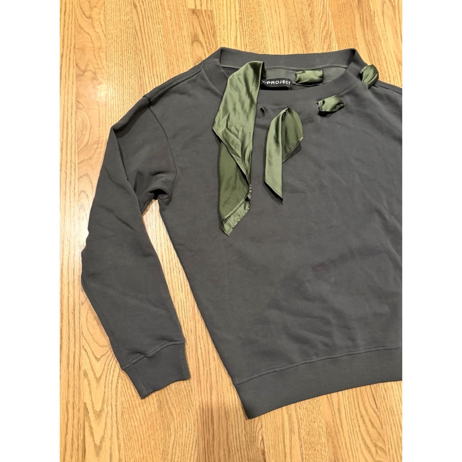 Vintage VINTAGE Y Project Sweatshirt Womens XS Green Ribbon Trimmed Crew Neck Pullover Cotton Terry Designer Luxe Fashion Size XS / US 0-2 / IT 36-38 - 3 Thumbnail