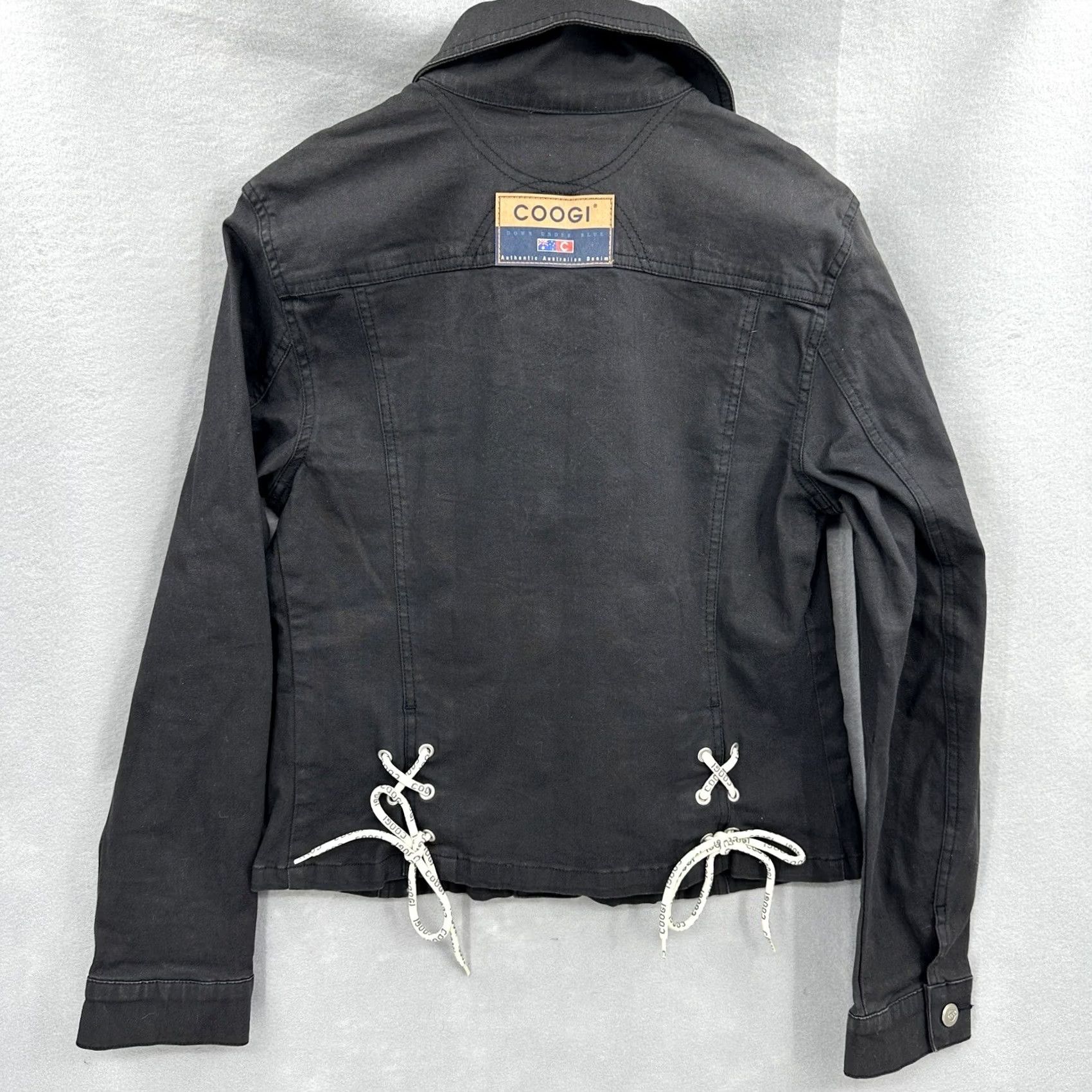 Coogi VINTAGE COOGI Women XL Black Jean Jacket Logo Back Trucker Lace Up 90s Popular Slim Size XL Womens Jacket Size 40" / US 18 - 4 Thumbnail