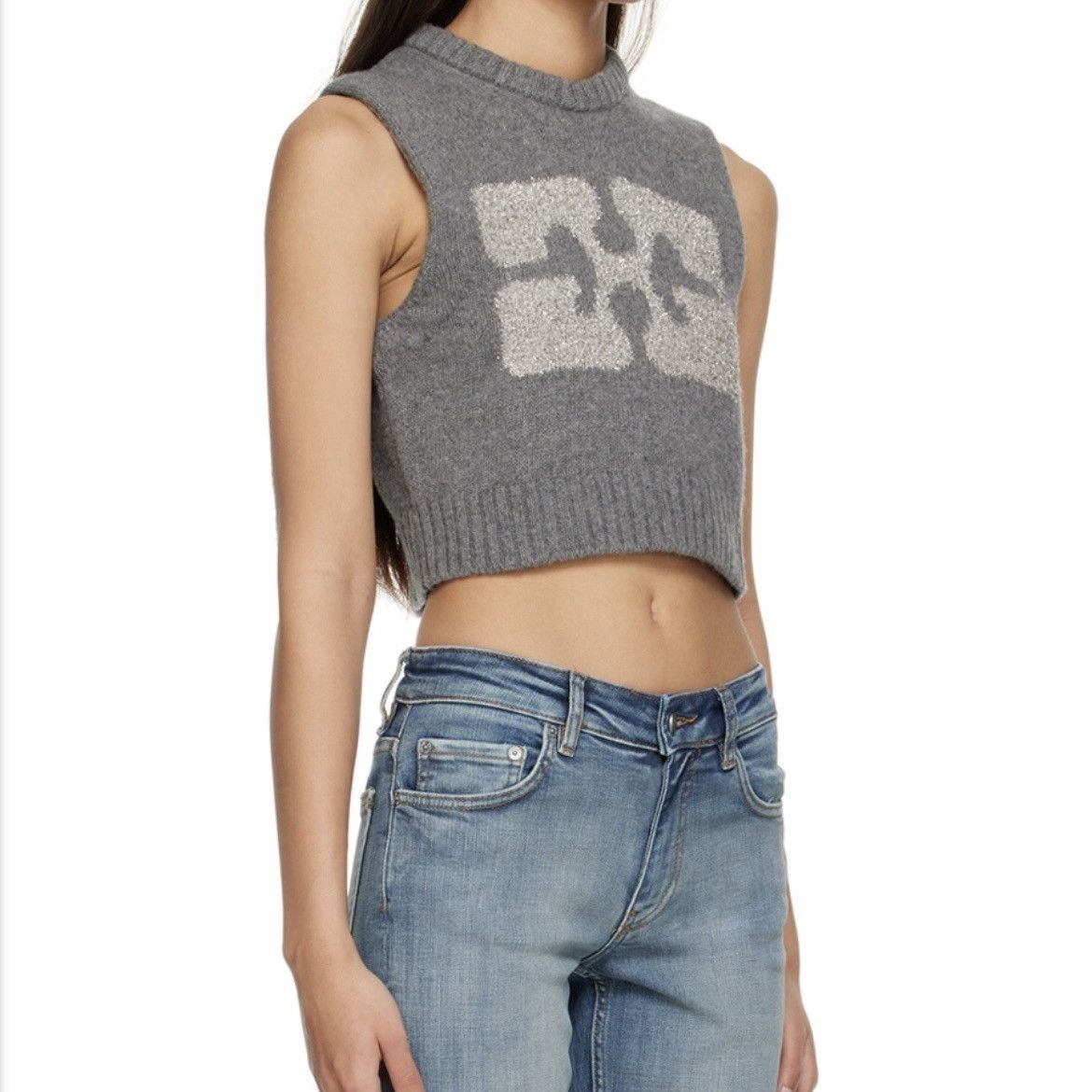 Ganni Ganni Gray Sleeveless Cropped Knit Top with Logo Pattern Size S / US 4 / IT 40 - 6 Thumbnail